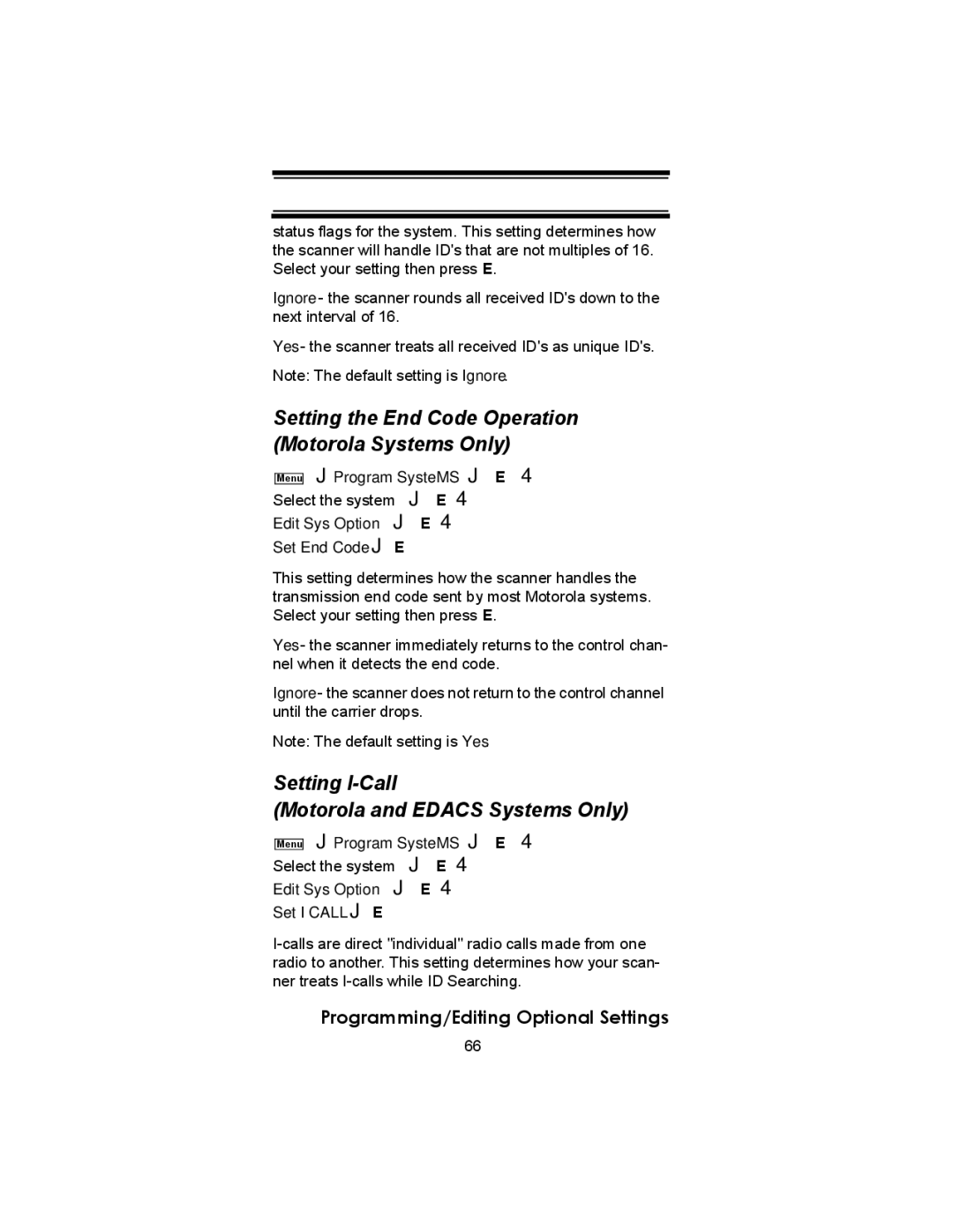 Uniden BC246T Setting the End Code Operation Motorola Systems Only, Setting I-Call Motorola and Edacs Systems Only 