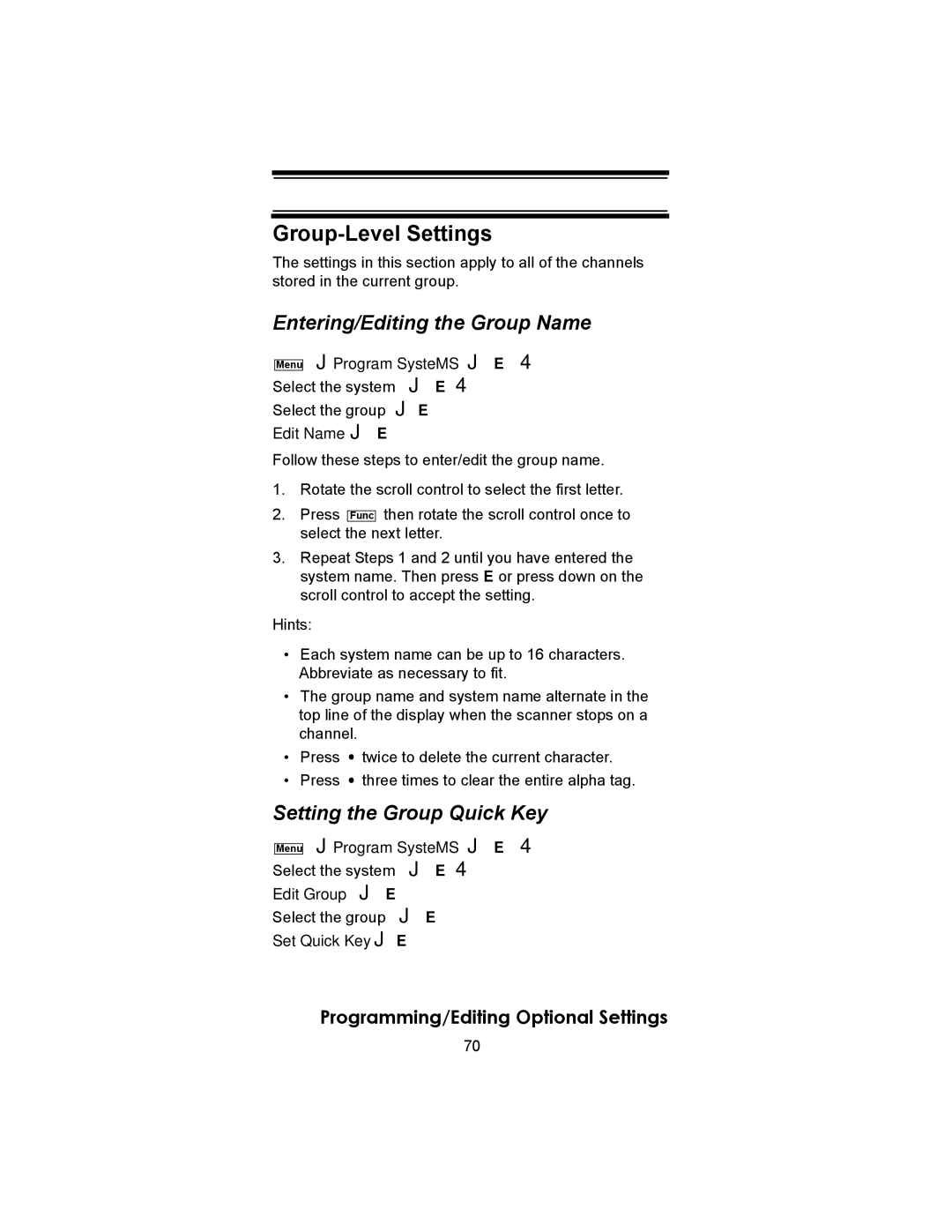 Uniden BC246T owner manual Group-Level Settings, Entering/Editing the Group Name, Setting the Group Quick Key 