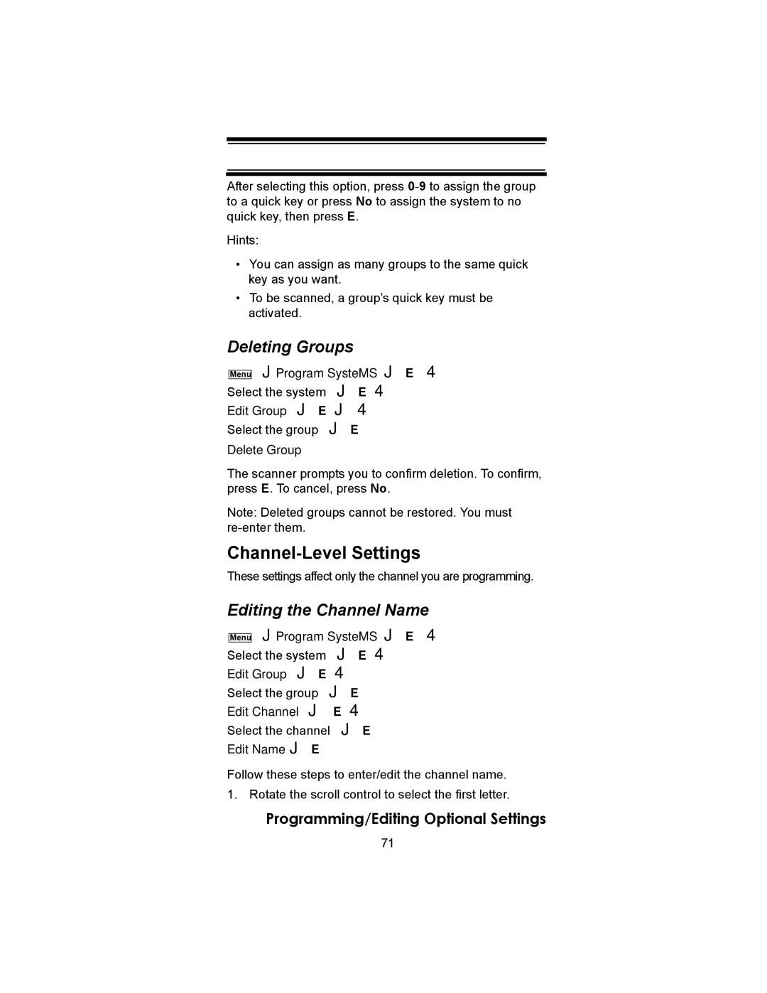 Uniden BC246T owner manual Channel-Level Settings, Deleting Groups, Editing the Channel Name 