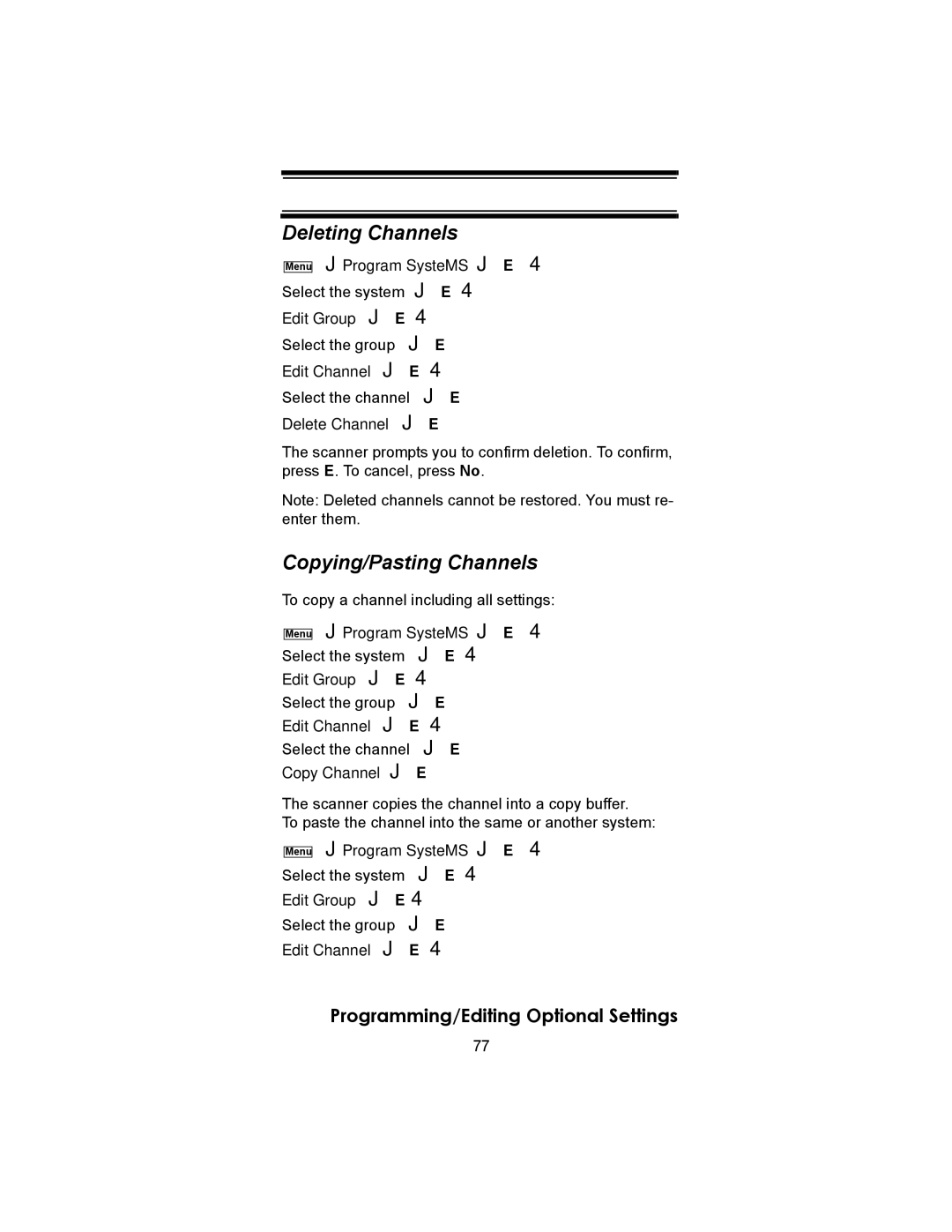 Uniden BC246T owner manual Deleting Channels, Copying/Pasting Channels 