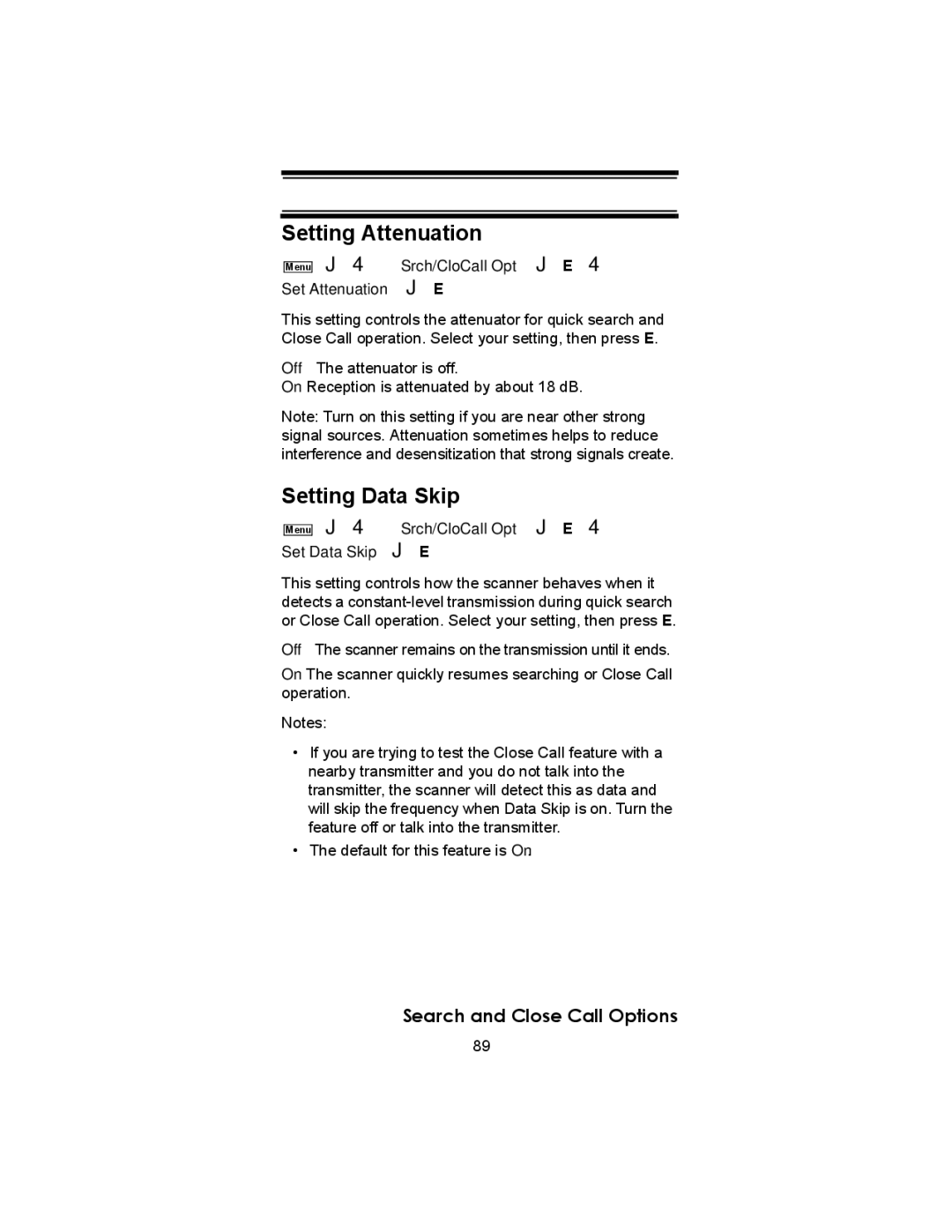 Uniden BC246T owner manual Setting Attenuation, Setting Data Skip 