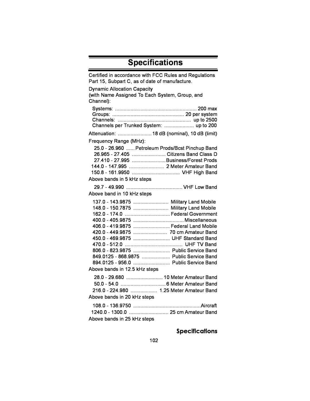 Uniden BC246T owner manual Specifications 