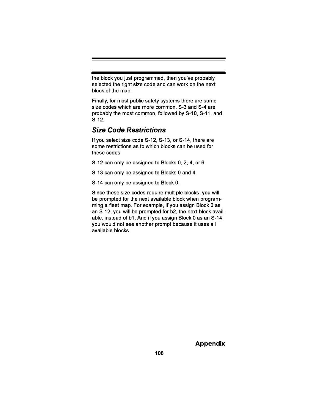 Uniden BC246T owner manual Size Code Restrictions, Appendix 