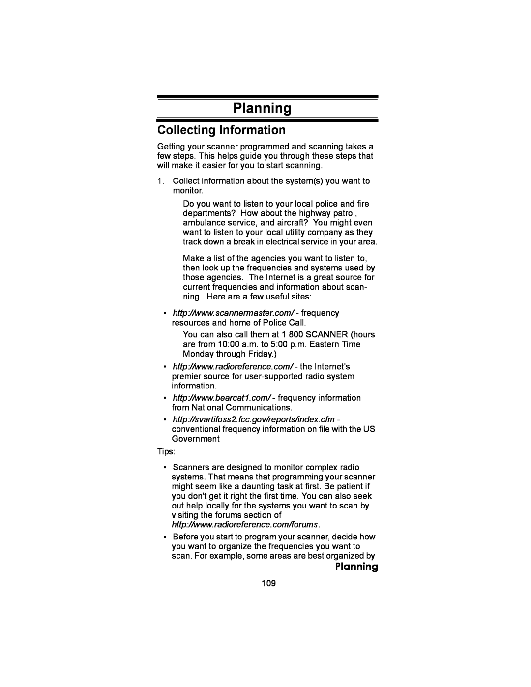 Uniden BC246T owner manual Planning, Collecting Information 