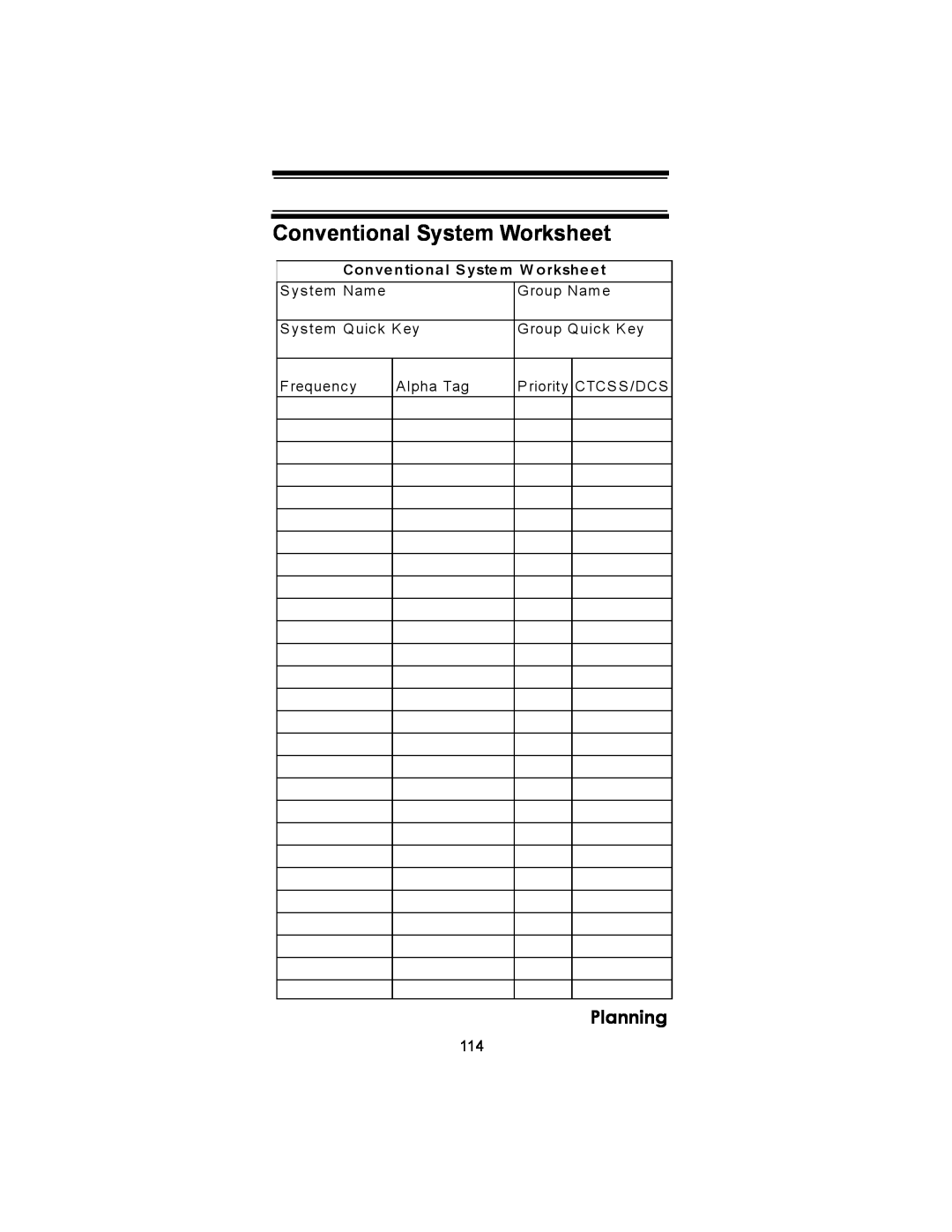 Uniden BC246T Conventional System Worksheet, Planning, System Name, Group Nam e, System Quick Key, Group Quick Key 
