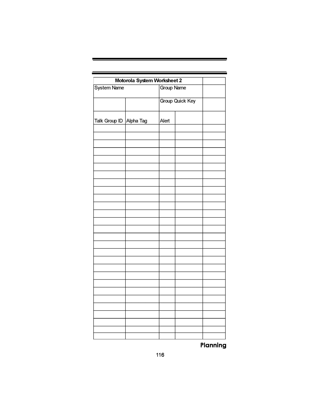 Uniden BC246T Planning, Motorola System Worksheet, System Name, Group Name, Group Quick Key, Talk Group ID Alpha Tag 
