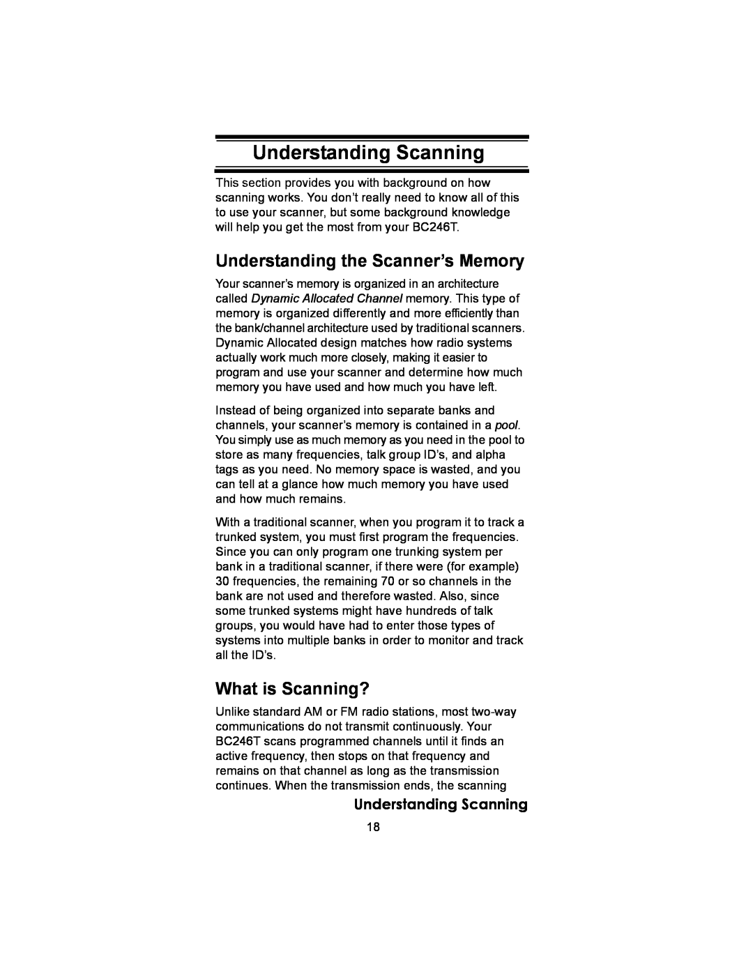 Uniden BC246T owner manual Understanding Scanning, Understanding the Scanner’s Memory, What is Scanning? 