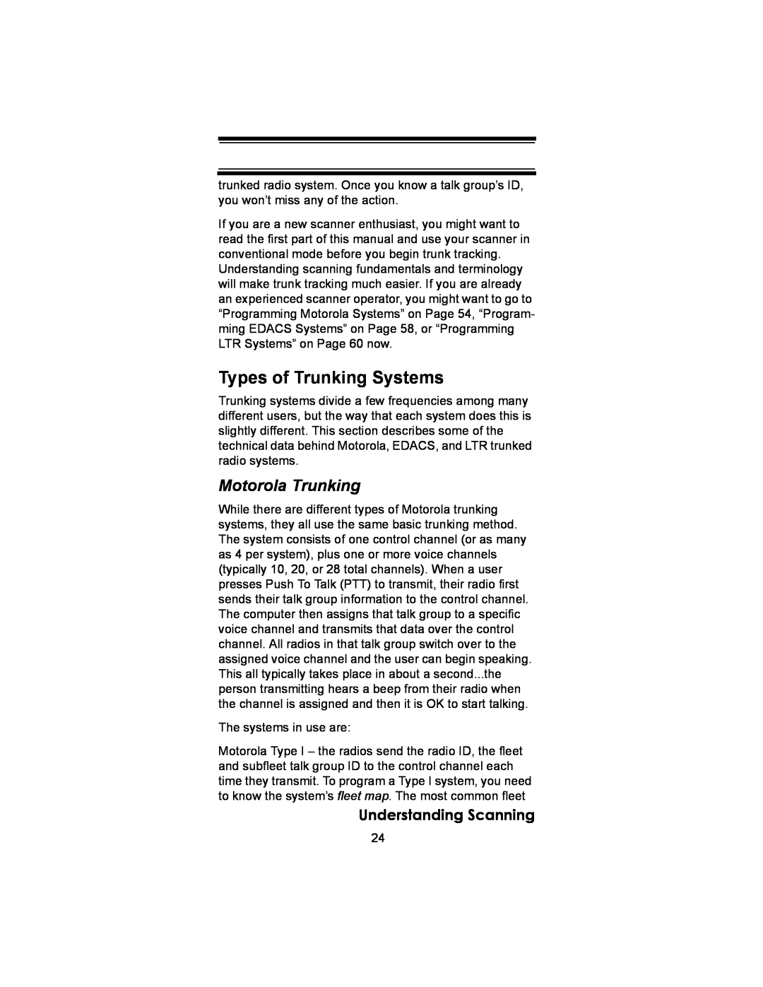 Uniden BC246T owner manual Types of Trunking Systems, Motorola Trunking, Understanding Scanning 