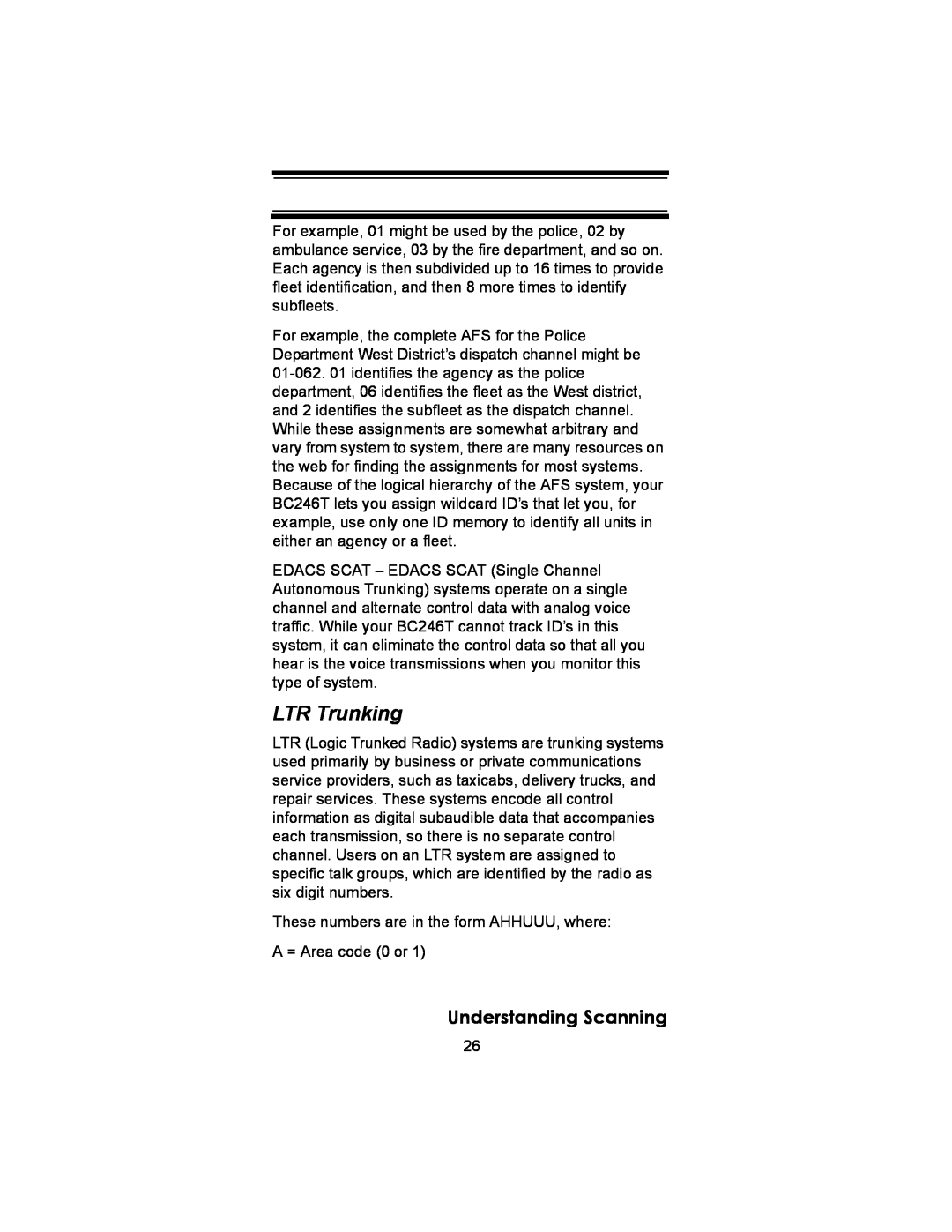 Uniden BC246T owner manual LTR Trunking, Understanding Scanning 