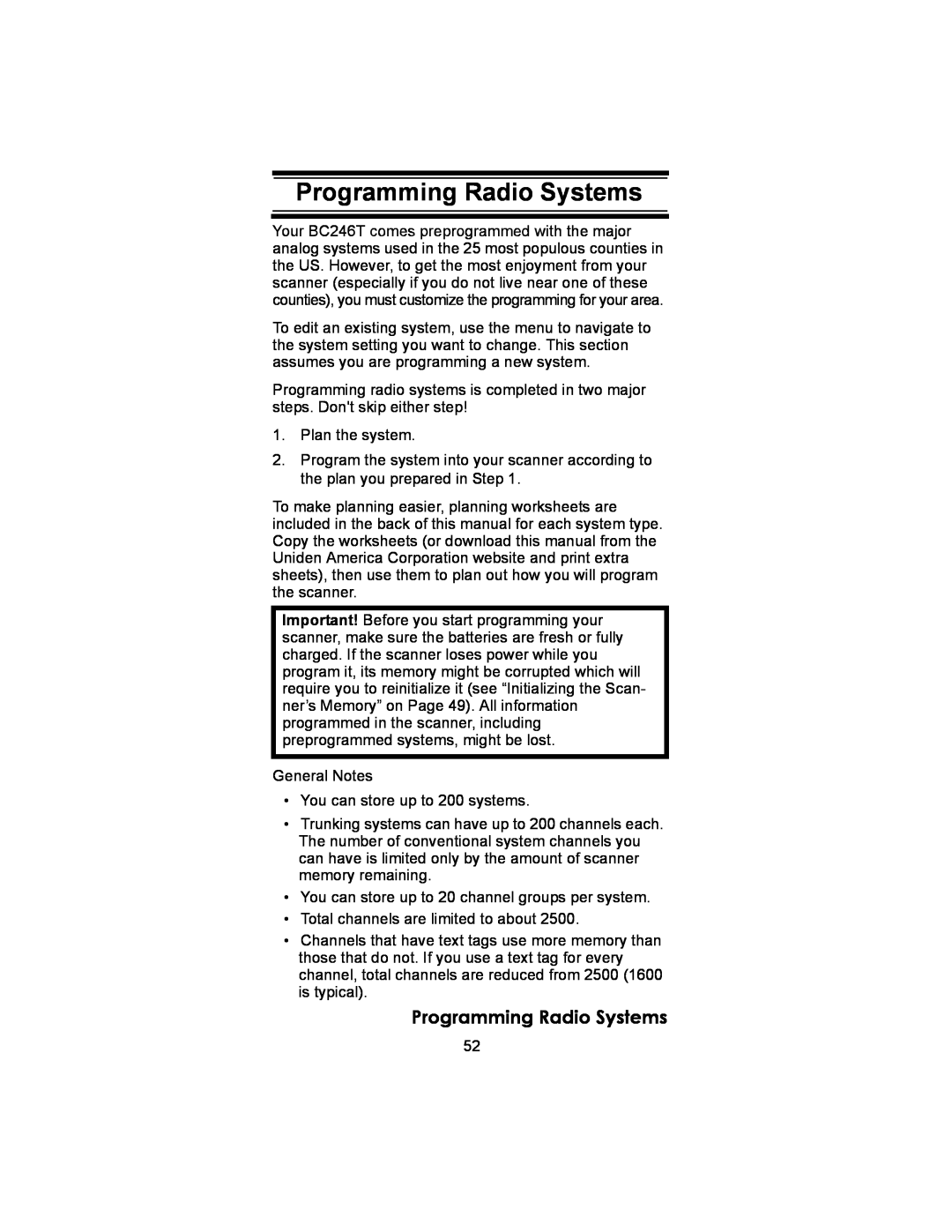 Uniden BC246T owner manual Programming Radio Systems 