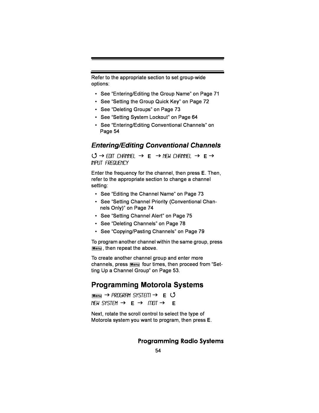 Uniden BC246T owner manual Programming Motorola Systems, Entering/Editing Conventional Channels, Programming Radio Systems 