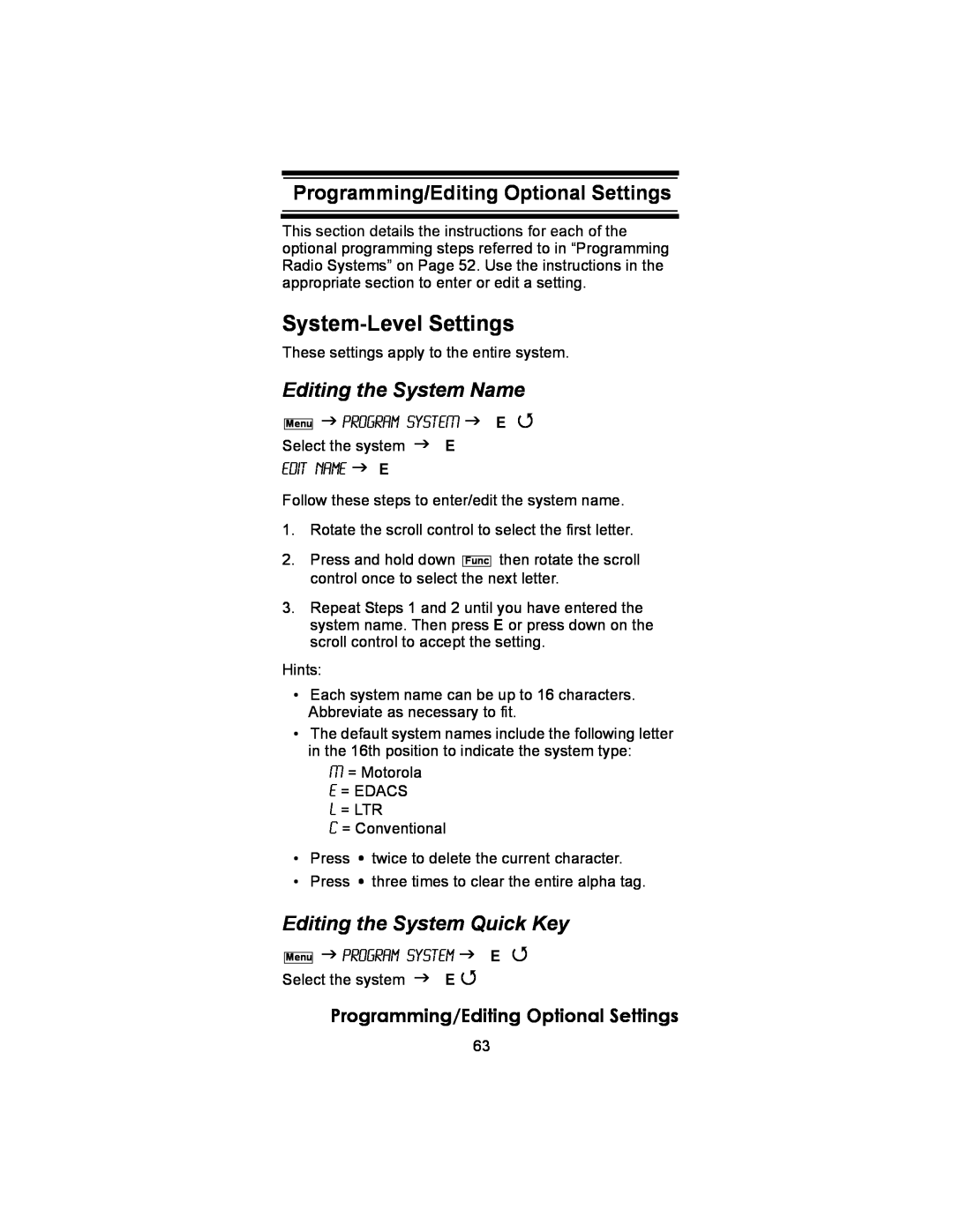 Uniden BC246T owner manual System-LevelSettings, Editing the System Name, Editing the System Quick Key 