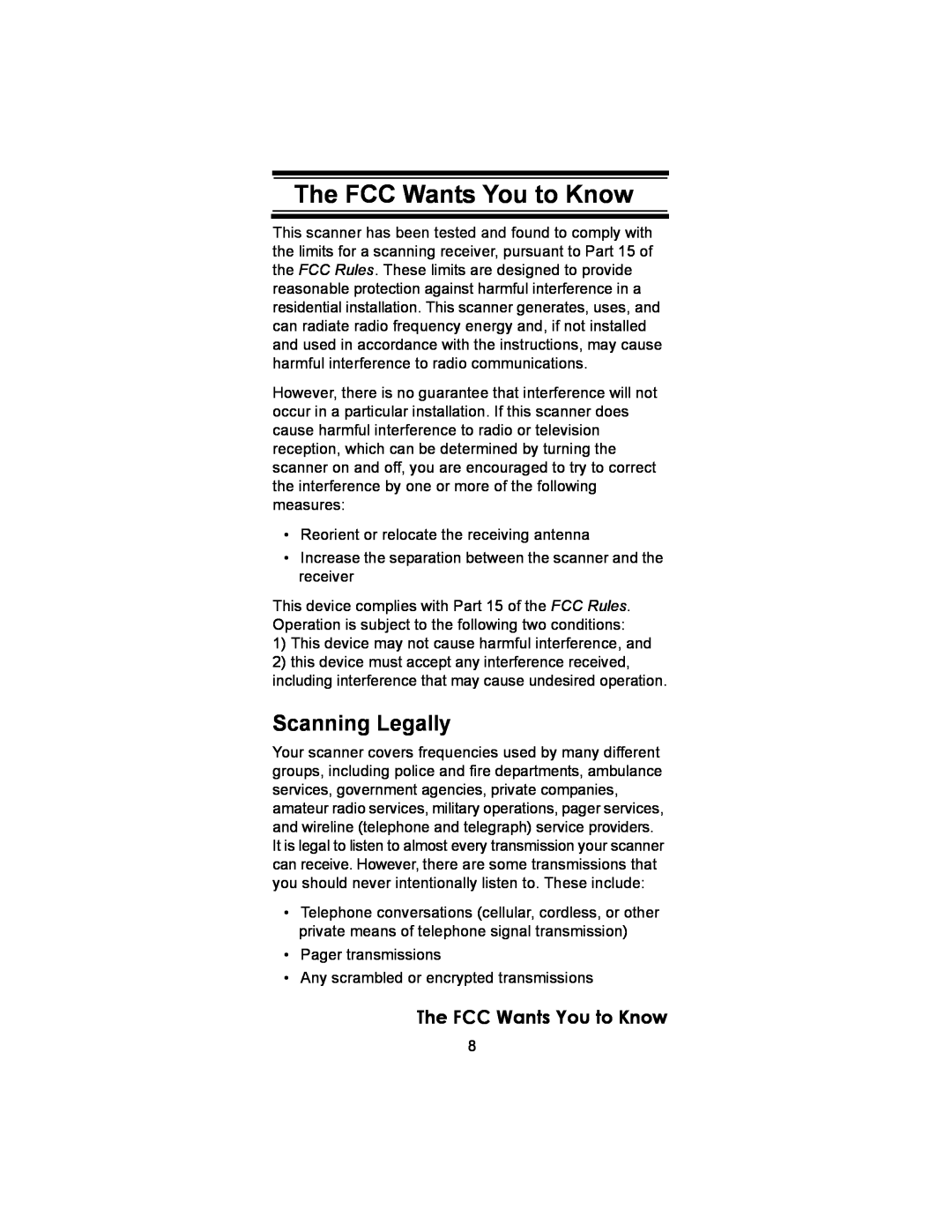 Uniden BC246T owner manual The FCC Wants You to Know, Scanning Legally 