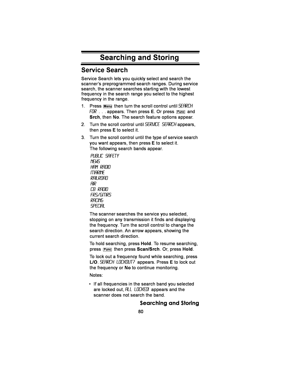 Uniden BC246T owner manual Searching and Storing, Service Search 