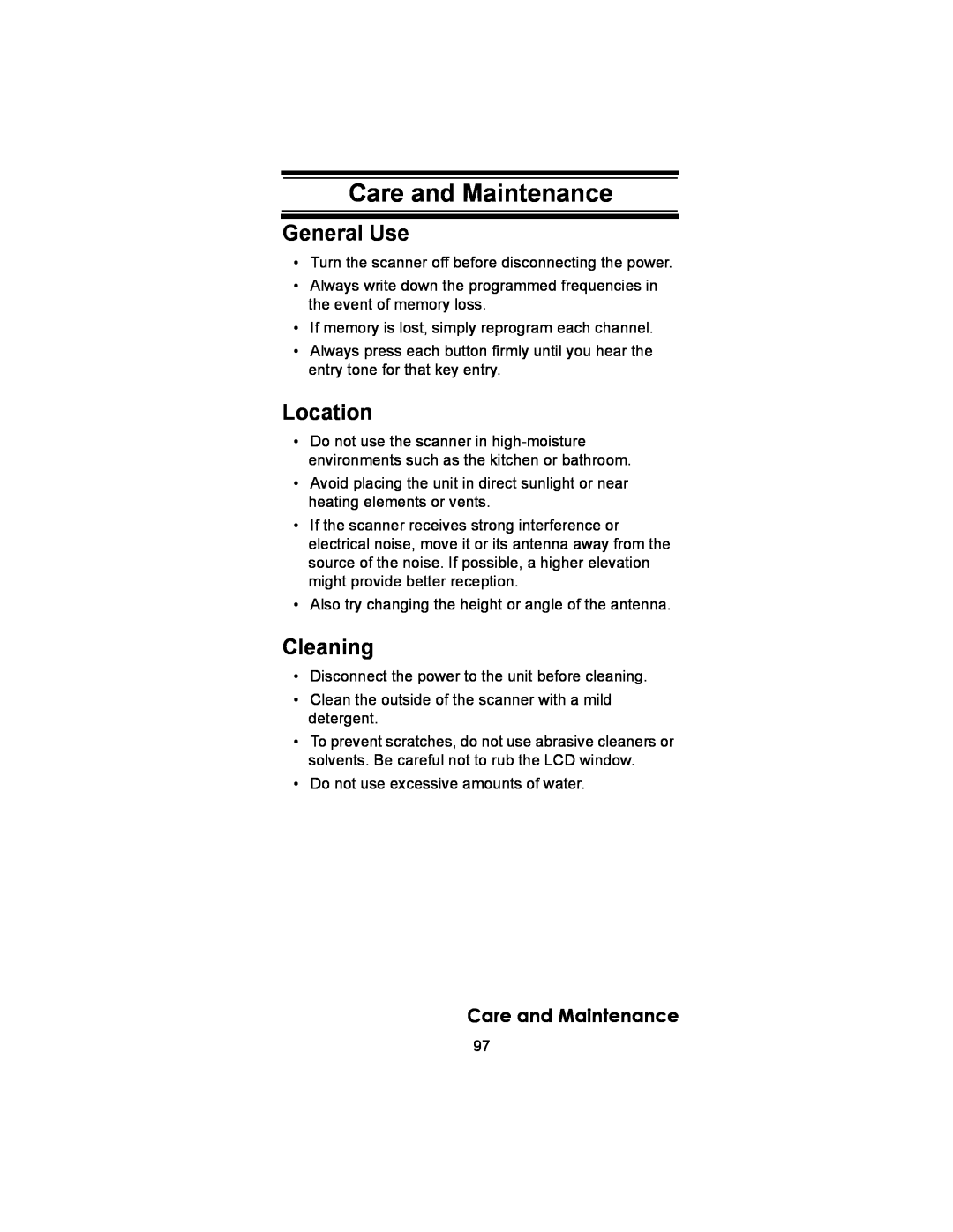 Uniden BC246T owner manual Care and Maintenance, General Use, Location, Cleaning 