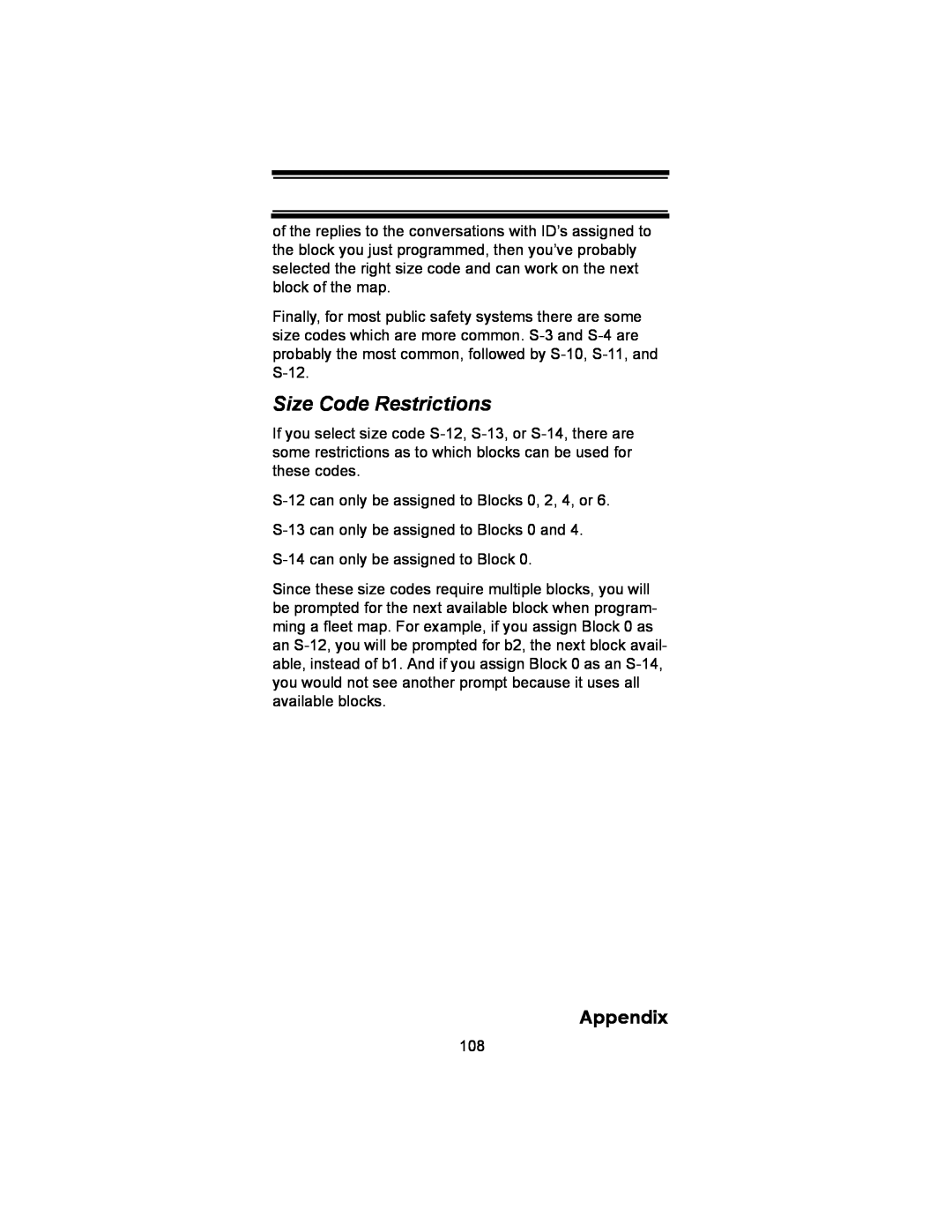 Uniden BC246T owner manual Size Code Restrictions, Appendix 