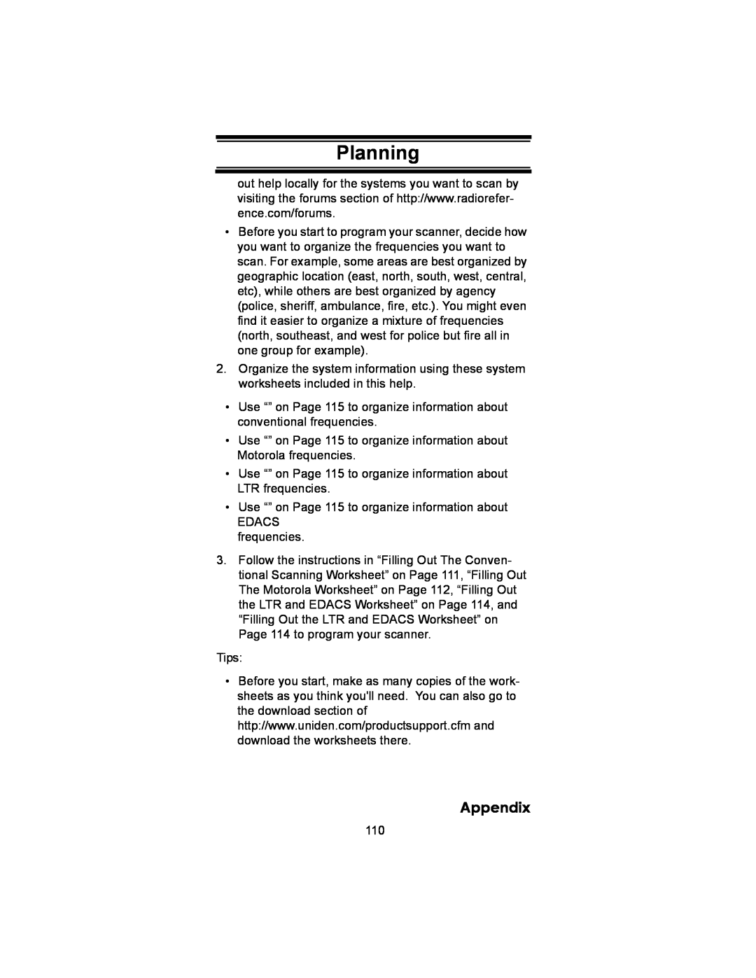 Uniden BC246T owner manual Planning, Appendix 