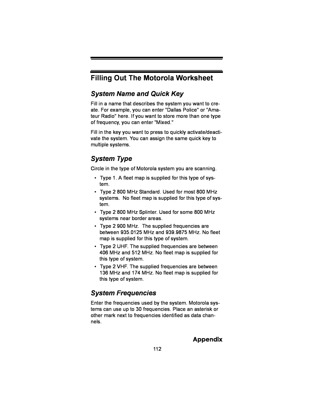 Uniden BC246T Filling Out The Motorola Worksheet, System Type, System Frequencies, System Name and Quick Key, Appendix 
