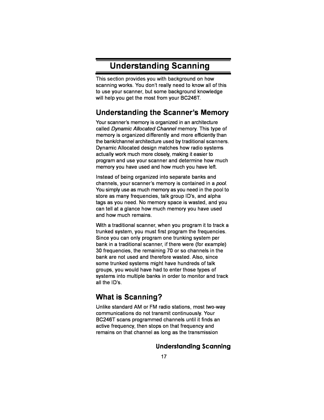 Uniden BC246T owner manual Understanding Scanning, Understanding the Scanner’s Memory, What is Scanning? 