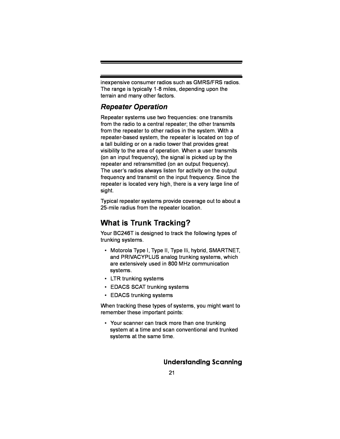 Uniden BC246T owner manual What is Trunk Tracking?, Repeater Operation, Understanding Scanning 