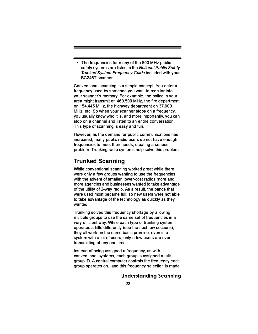 Uniden BC246T owner manual Trunked Scanning, Understanding Scanning 