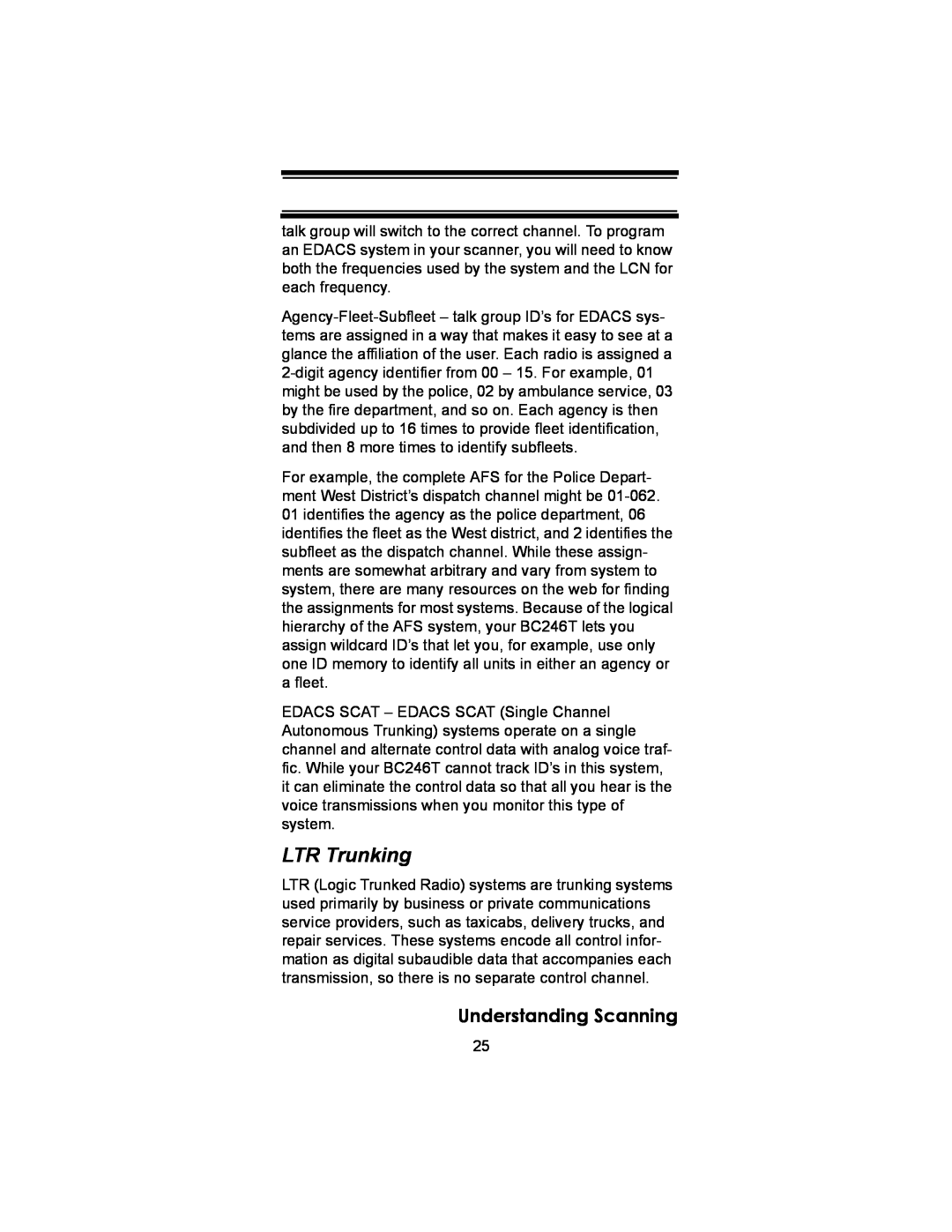 Uniden BC246T owner manual LTR Trunking, Understanding Scanning 
