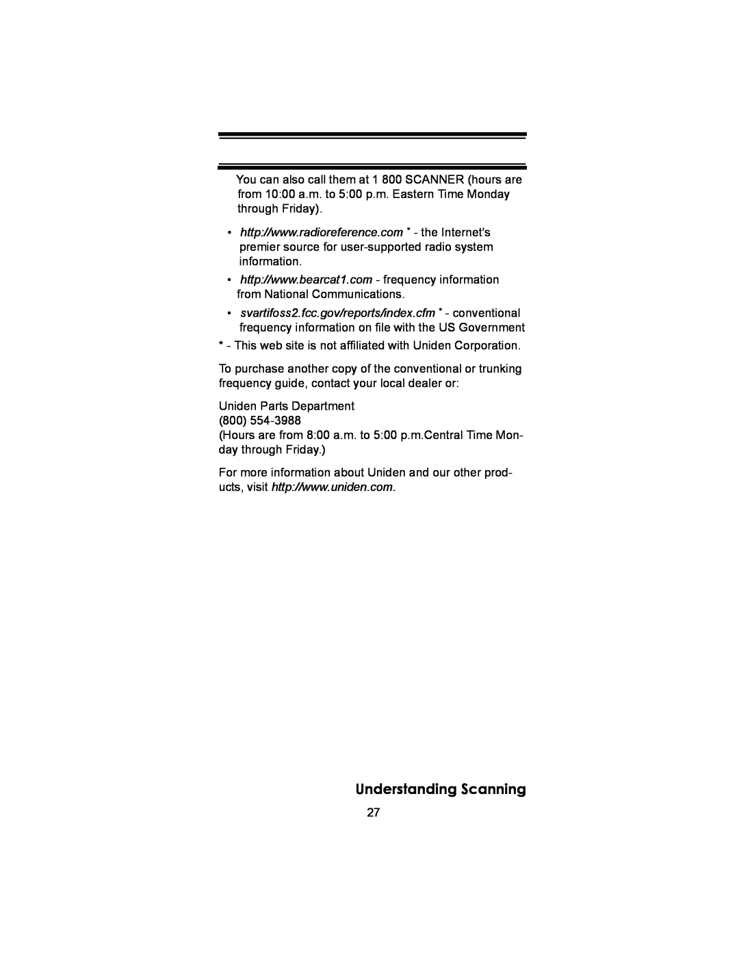 Uniden BC246T owner manual Understanding Scanning, Uniden Parts Department 800 