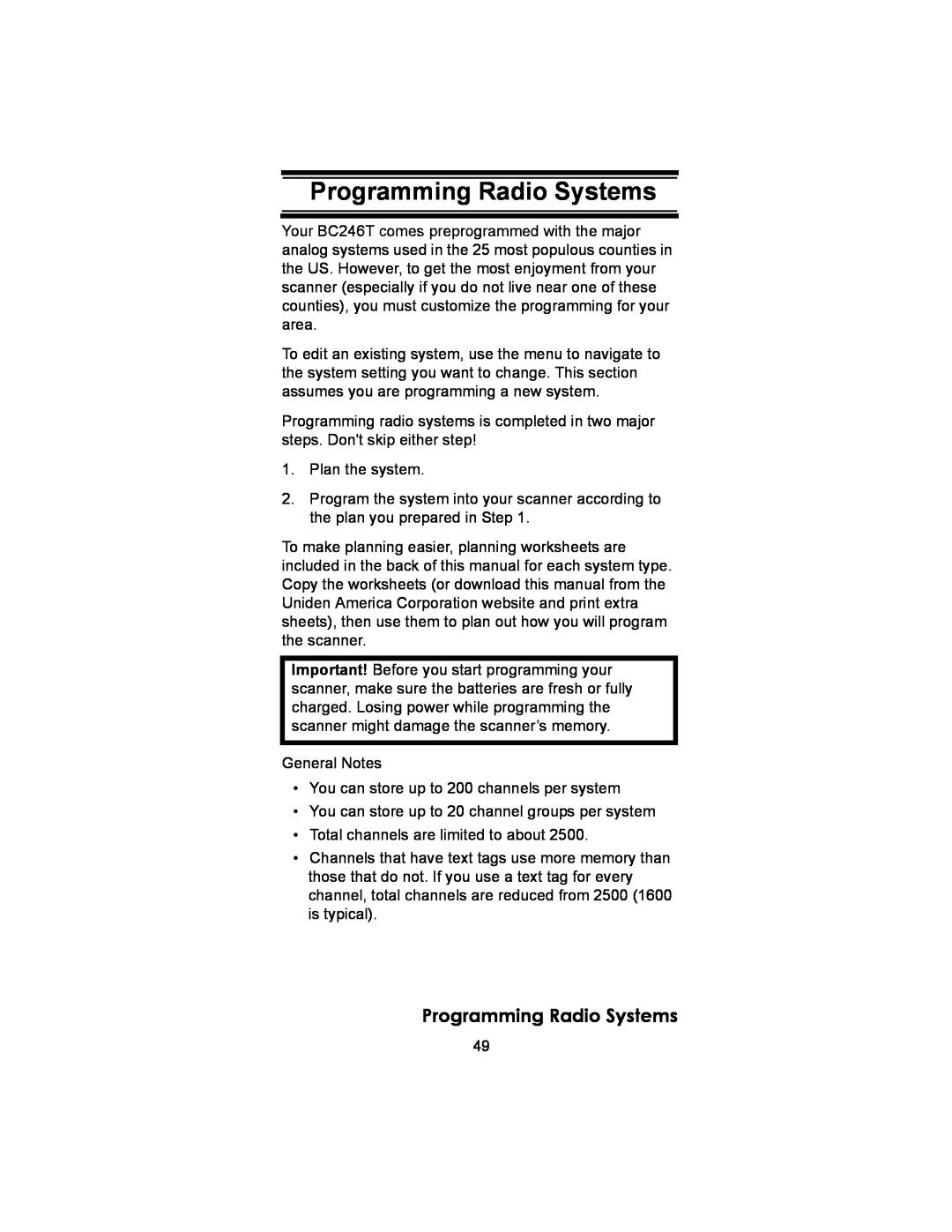 Uniden BC246T owner manual Programming Radio Systems 