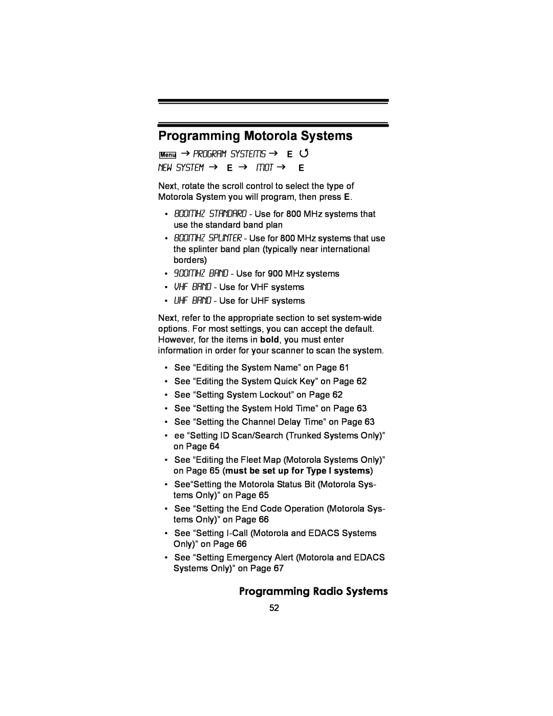 Uniden BC246T owner manual Programming Motorola Systems, Programming Radio Systems 