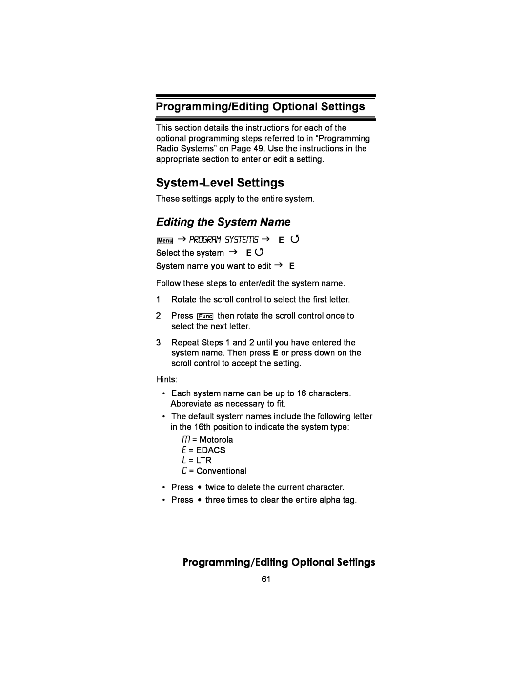 Uniden BC246T owner manual System-LevelSettings, Editing the System Name, Programming/Editing Optional Settings 