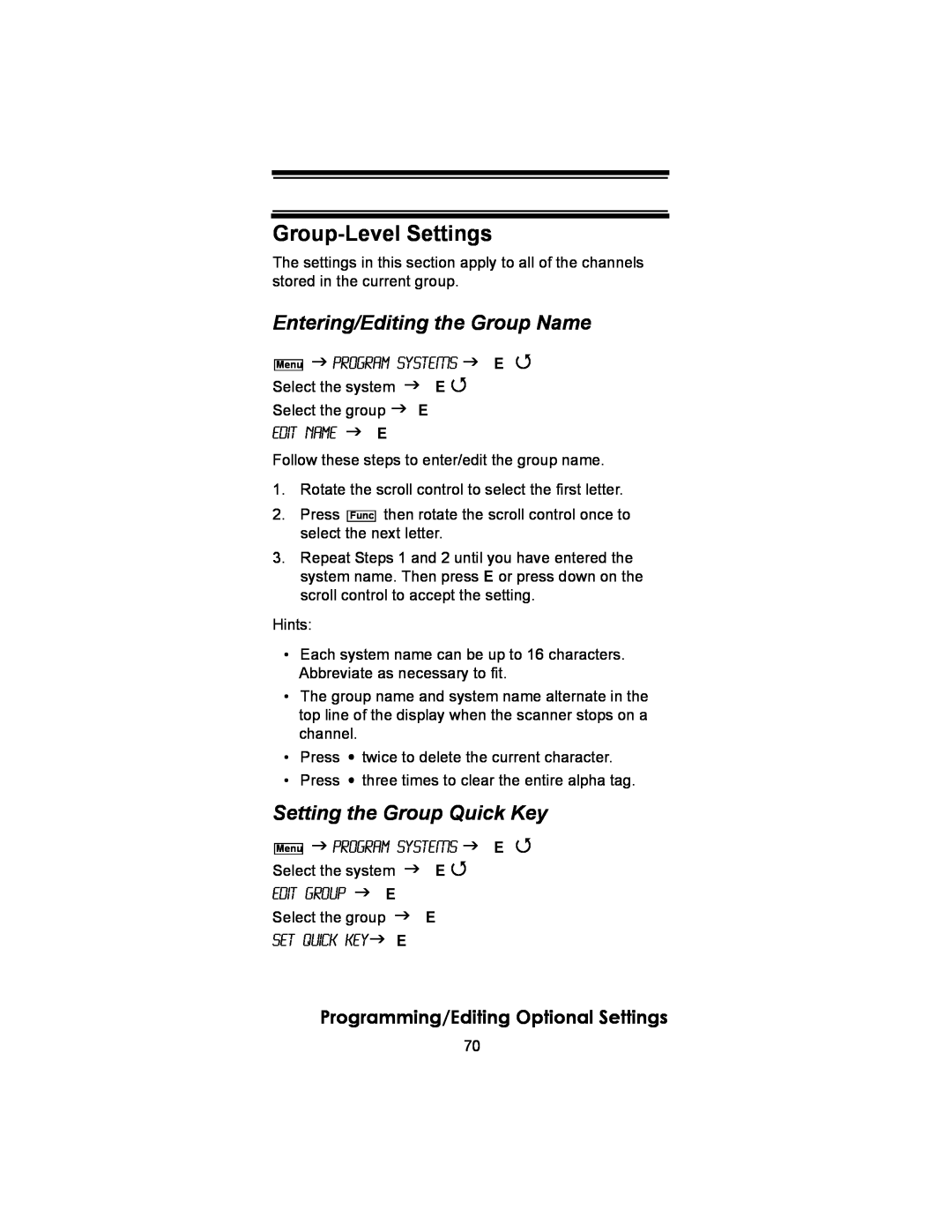 Uniden BC246T owner manual Group-LevelSettings, Entering/Editing the Group Name, Setting the Group Quick Key 
