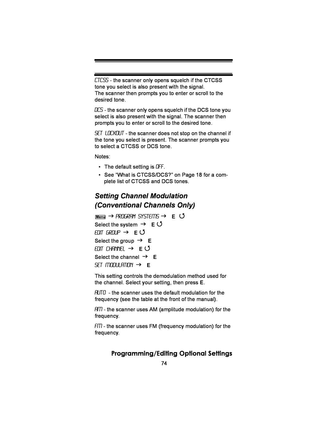 Uniden BC246T owner manual Programming/Editing Optional Settings, Notes •The default setting is Off 