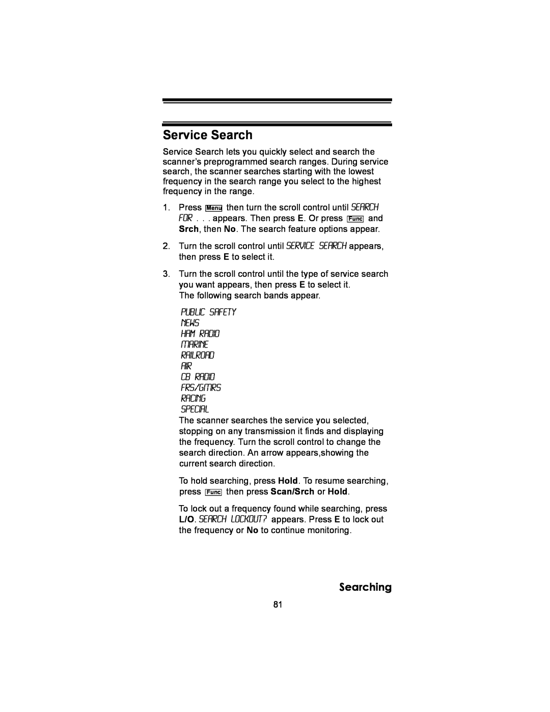 Uniden BC246T owner manual Service Search, Searching 