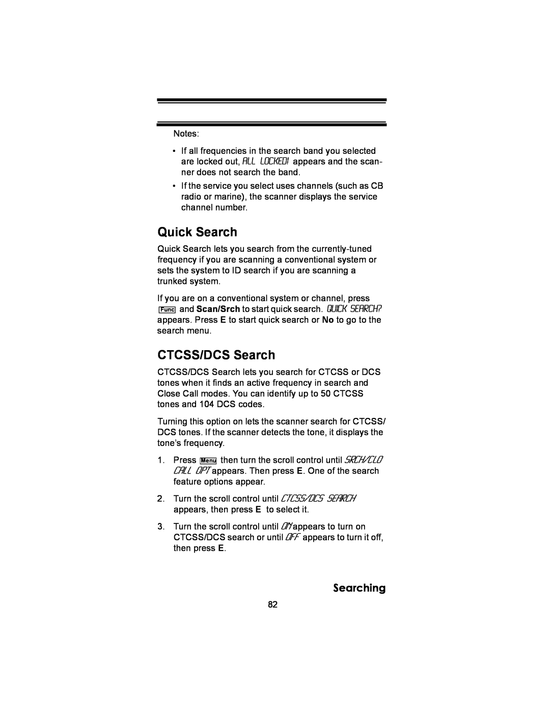 Uniden BC246T owner manual Quick Search, CTCSS/DCS Search, Searching 