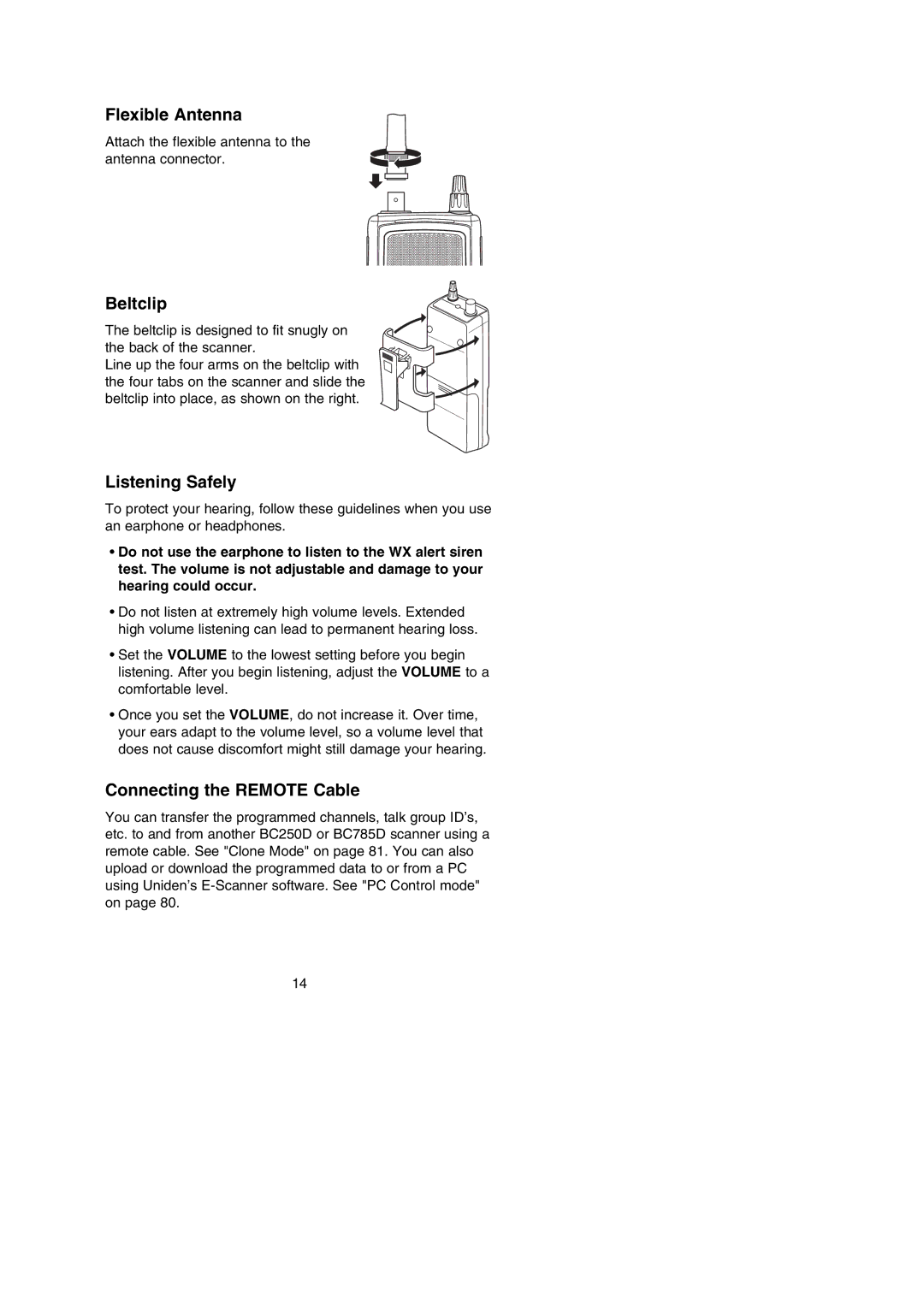 Uniden BC250D manual Flexible Antenna, Beltclip, Listening Safely, Connecting the Remote Cable 