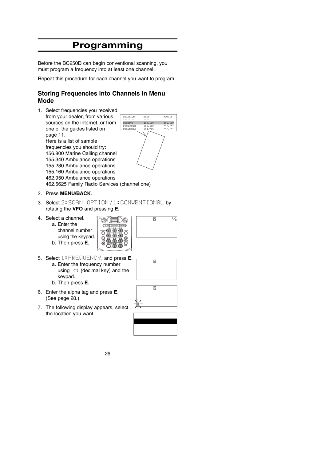 Uniden BC250D manual Programming, Storing Frequencies into Channels in Menu Mode, Press MENU/BACK, Using 