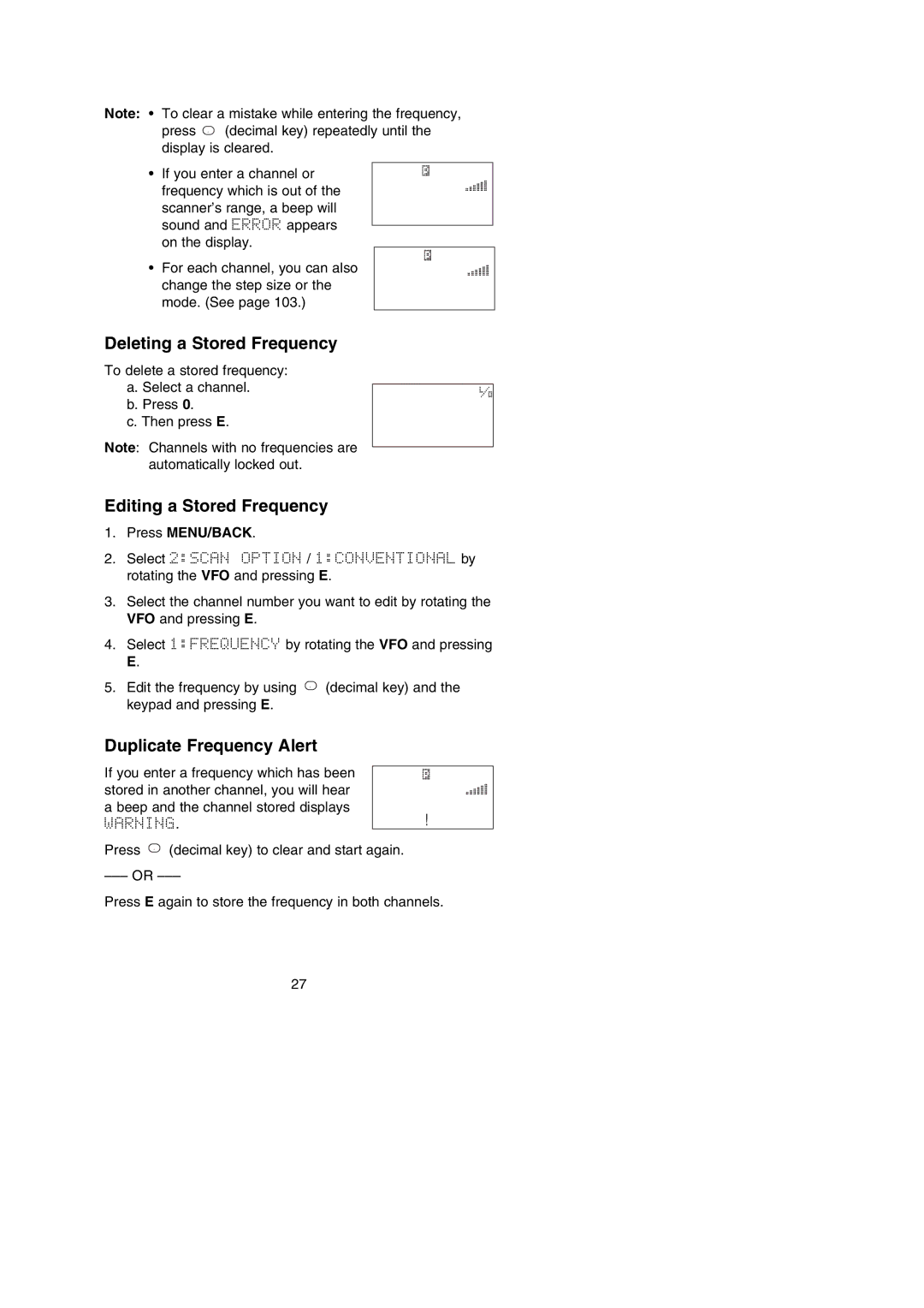 Uniden BC250D manual Deleting a Stored Frequency, Editing a Stored Frequency, Duplicate Frequency Alert, Press 