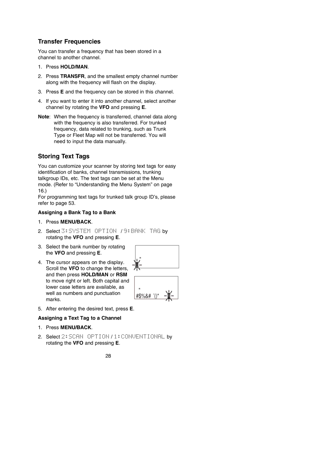 Uniden BC250D Transfer Frequencies, Storing Text Tags, Press HOLD/MAN, Assigning a Bank Tag to a Bank Press MENU/BACK 