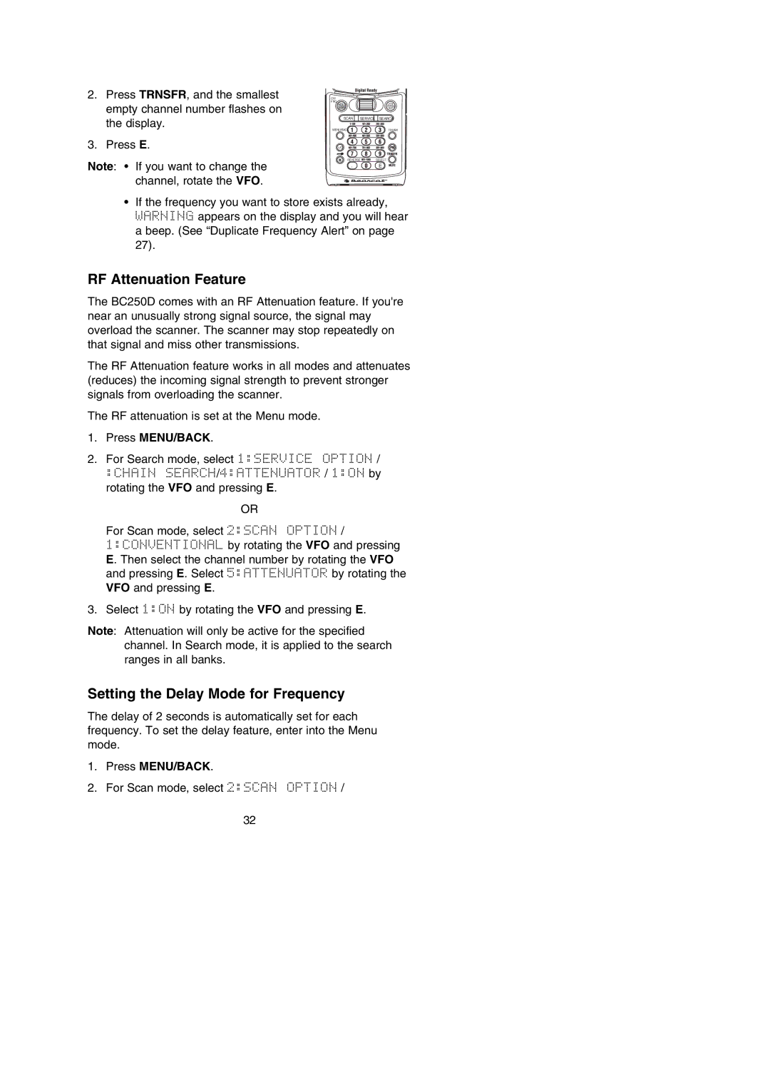Uniden BC250D manual RF Attenuation Feature, Setting the Delay Mode for Frequency 