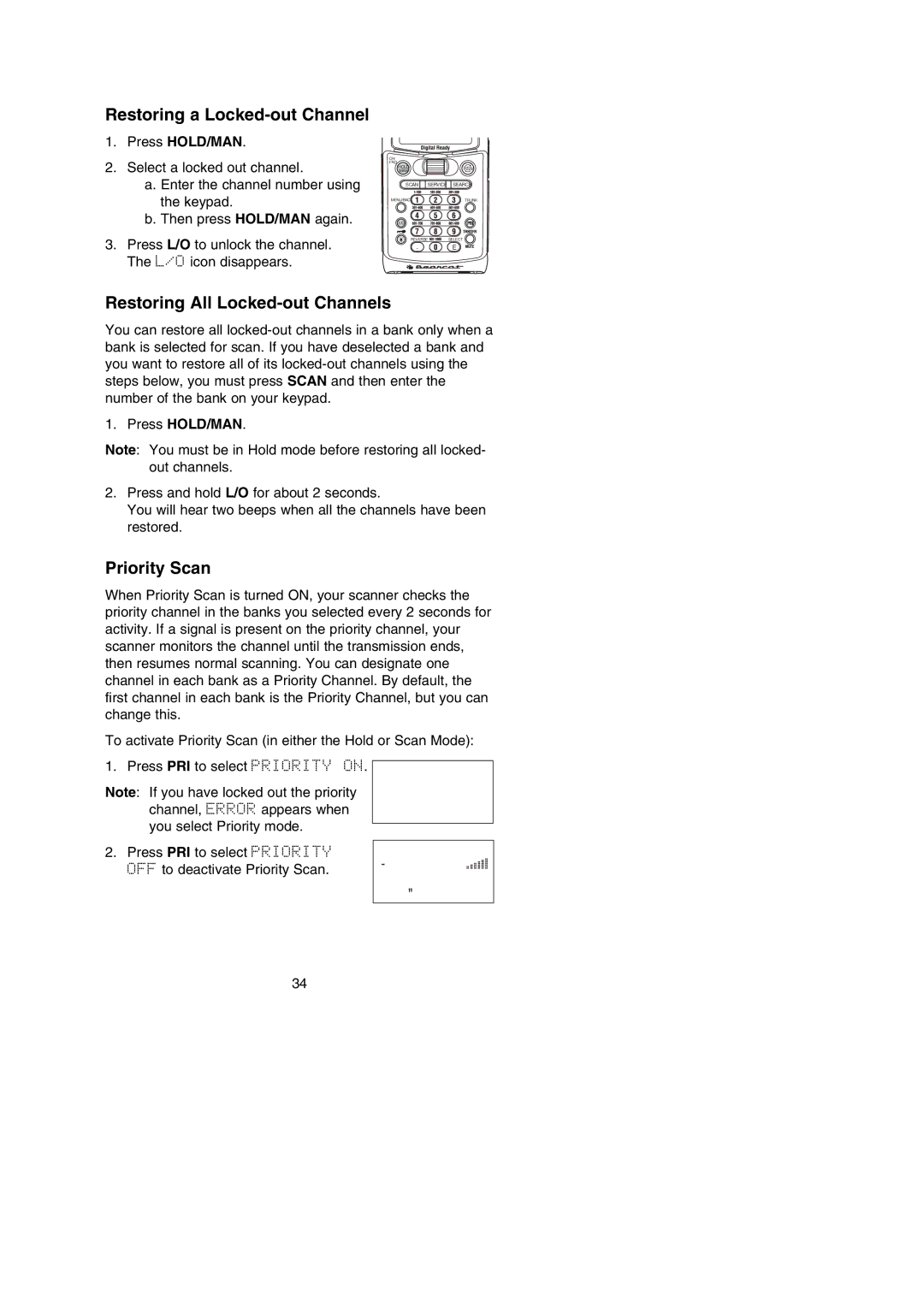 Uniden BC250D manual Restoring a Locked-out Channel, Restoring All Locked-out Channels, Priority Scan 