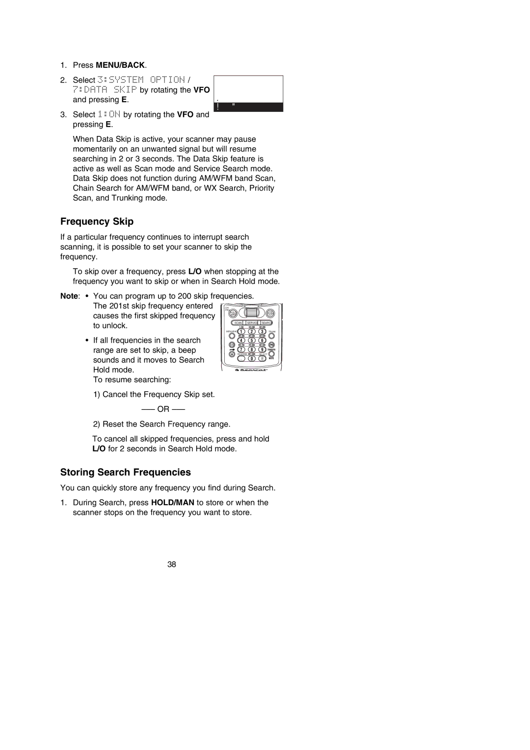 Uniden BC250D manual Frequency Skip, Storing Search Frequencies 