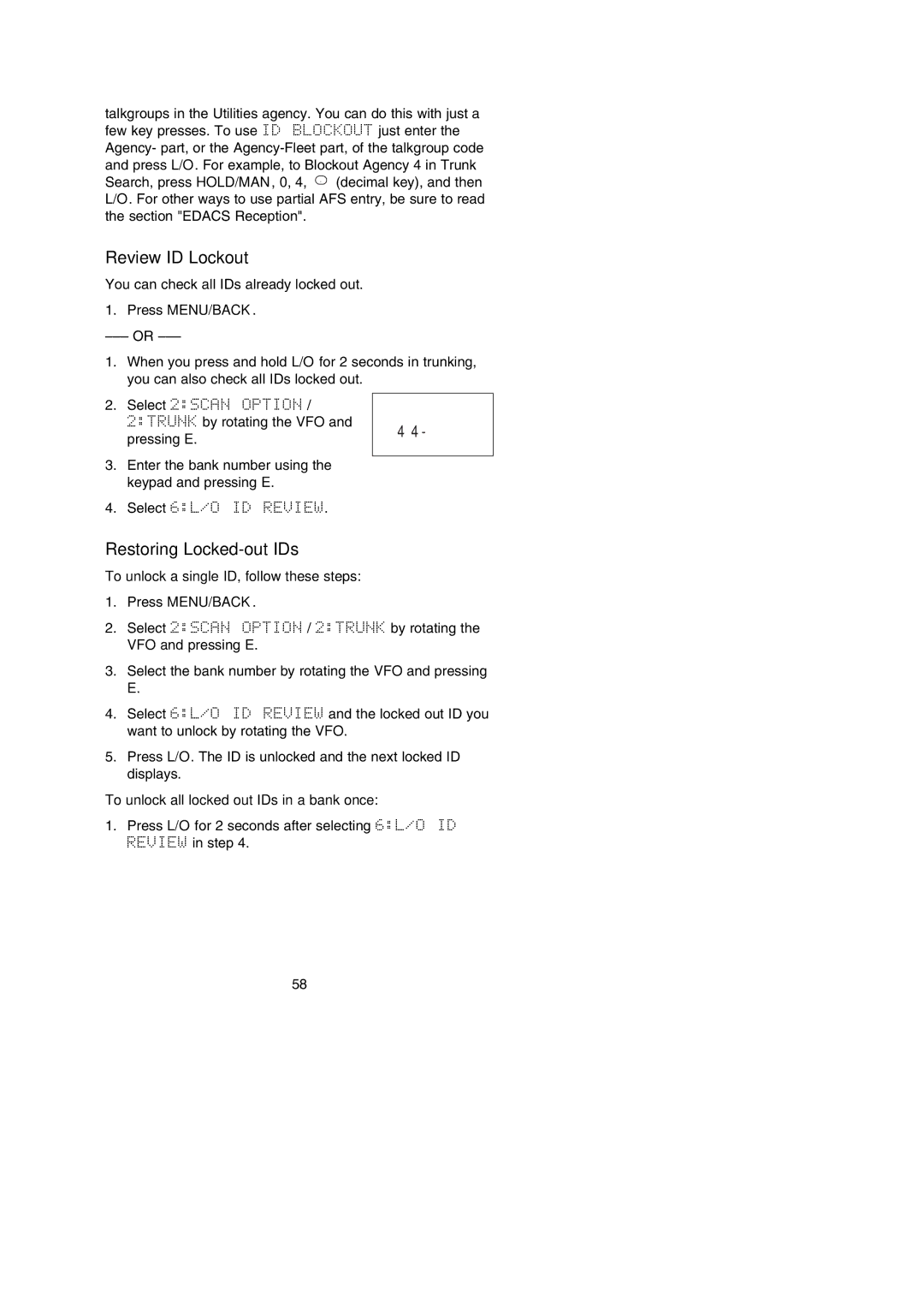 Uniden BC250D manual Review ID Lockout, Restoring Locked-out IDs, To unlock a single ID, follow these steps Press MENU/BACK 