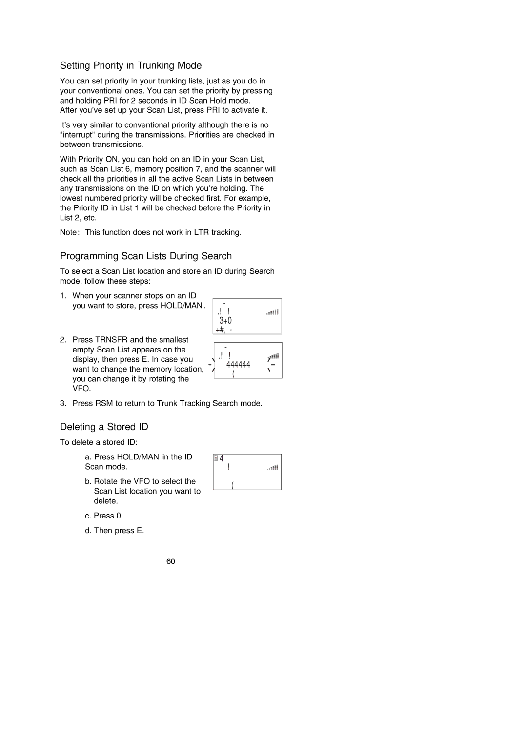 Uniden BC250D manual Setting Priority in Trunking Mode, Programming Scan Lists During Search, Deleting a Stored ID 