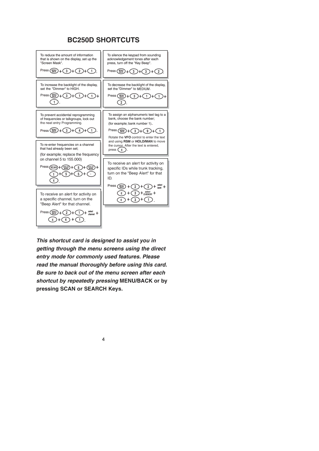 Uniden manual BC250D Shortcuts 