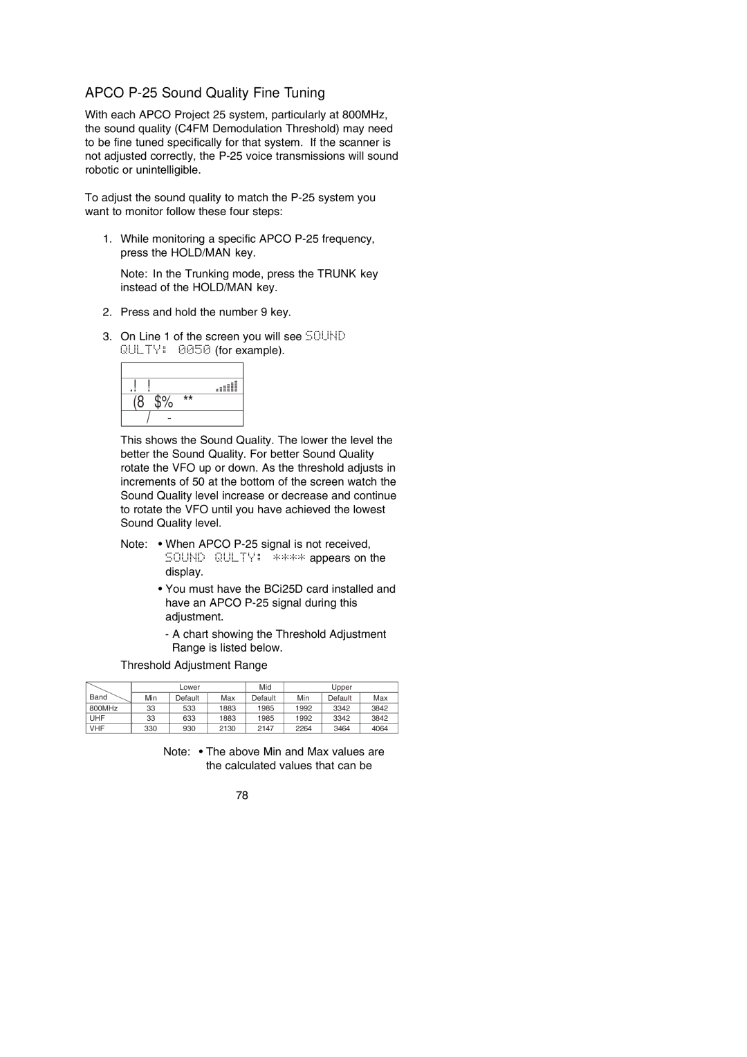 Uniden BC250D manual Apco P-25 Sound Quality Fine Tuning, Threshold Adjustment Range 