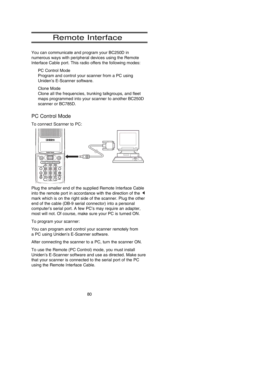 Uniden BC250D manual Remote Interface, PC Control Mode, To connect Scanner to PC, To program your scanner 