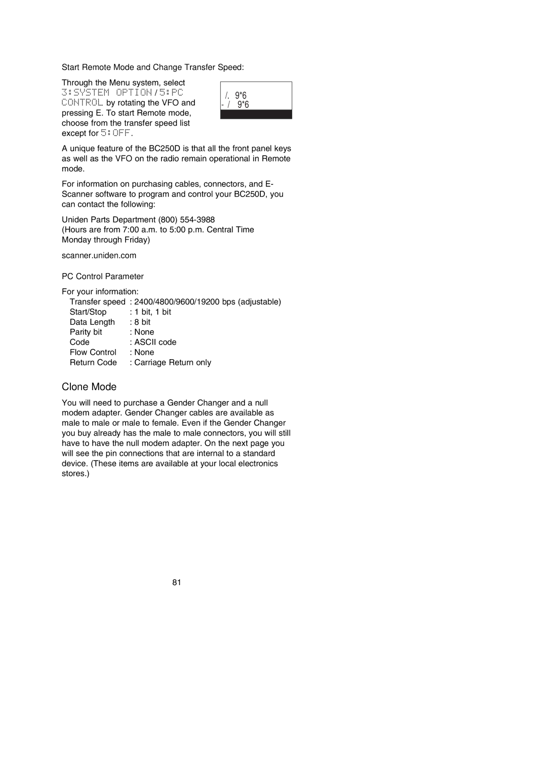 Uniden BC250D manual Clone Mode, Start Remote Mode and Change Transfer Speed, Scanner.uniden.com PC Control Parameter 
