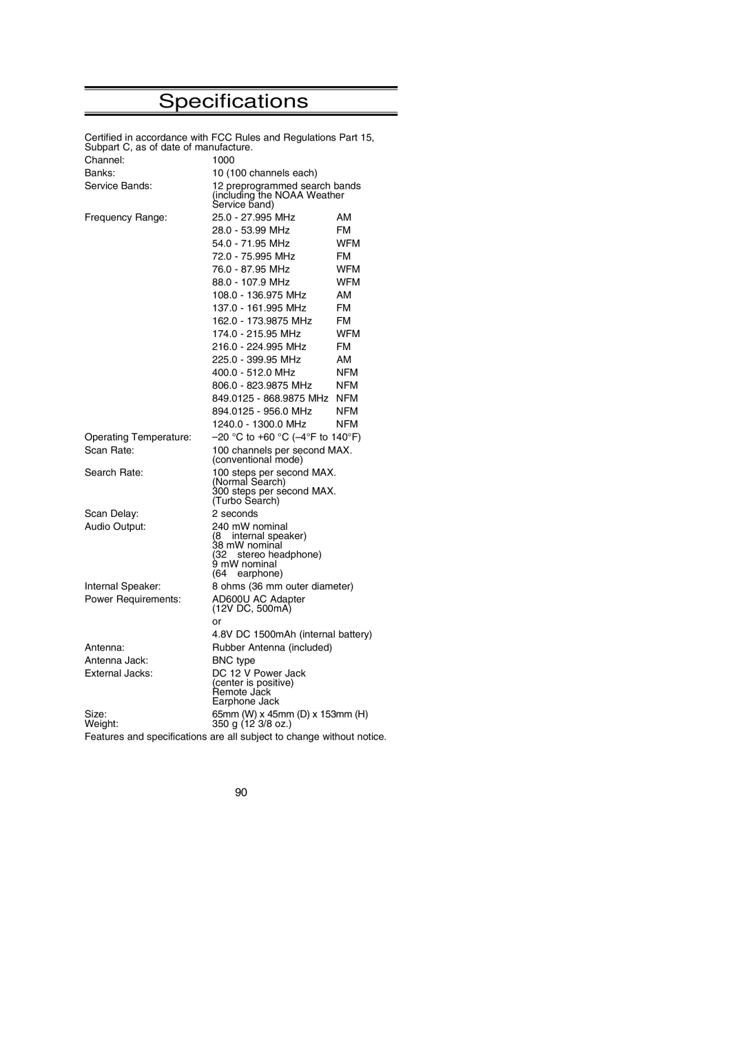 Uniden BC250D manual Specifications 