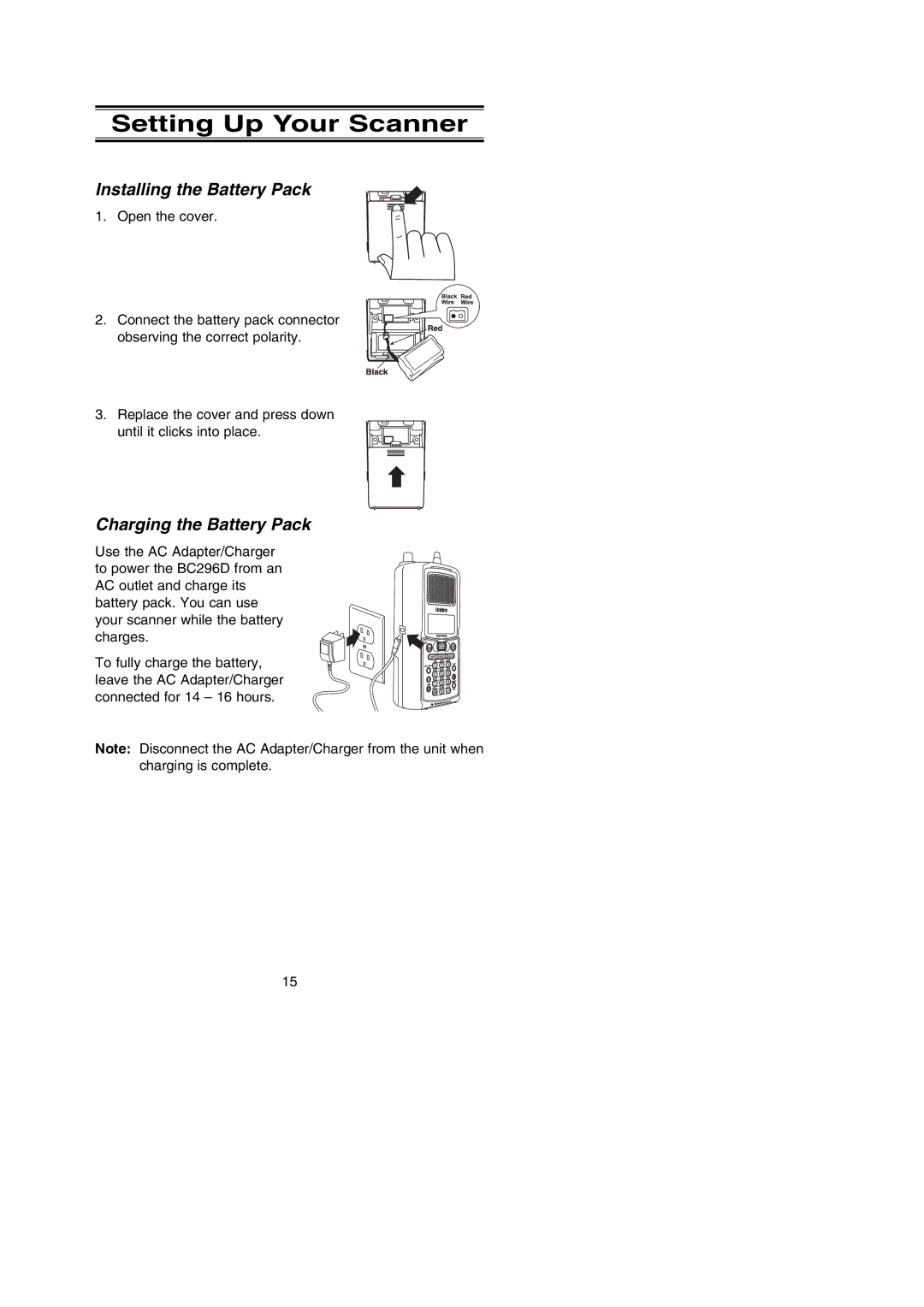 Uniden BC296D manual Setting Up Your Scanner, Installing the Battery Pack, Charging the Battery Pack 