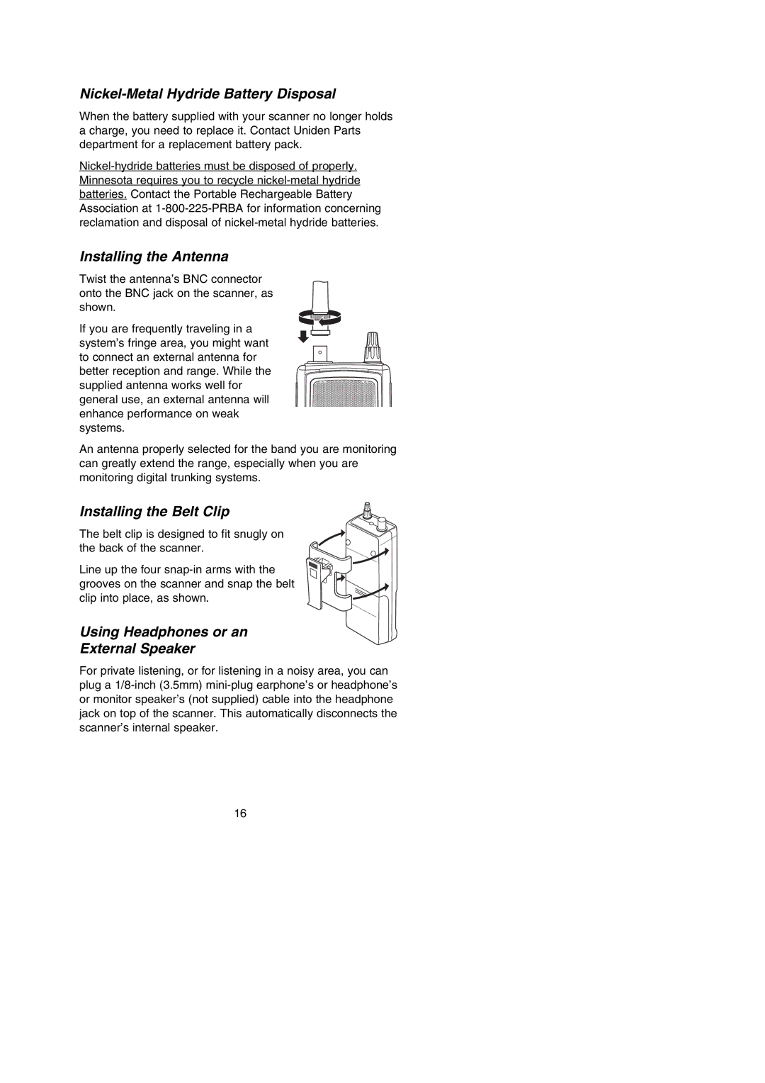 Uniden BC296D manual Nickel-Metal Hydride Battery Disposal, Installing the Antenna, Installing the Belt Clip 